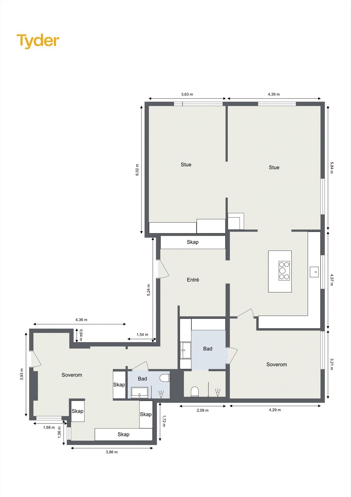 God planløsning med to soverom mot bakgård, to baderom, eksklusivt kjøkken, samt romslig stue og spisestue Galleribilde