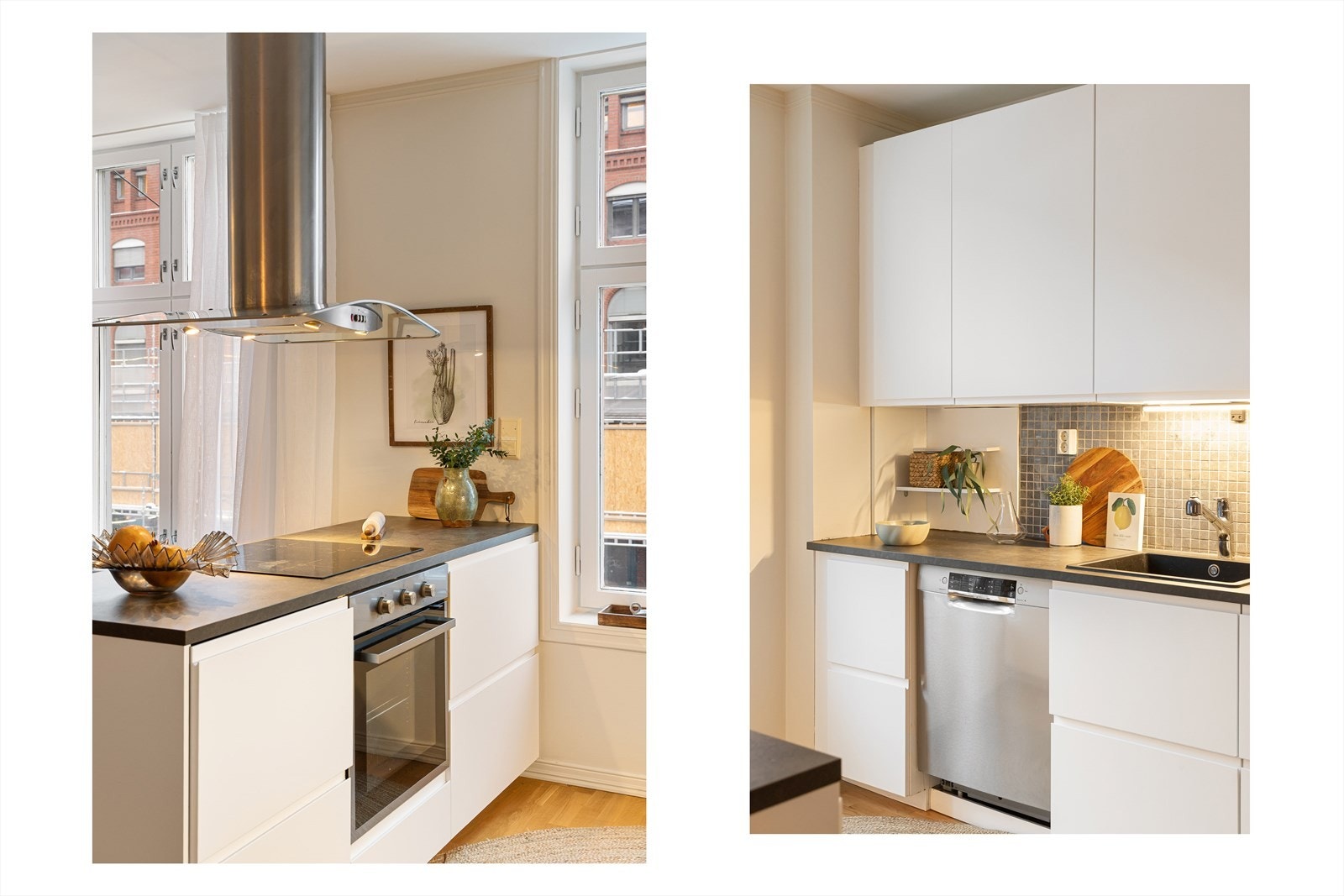 Hvitevarene består av integrert platetopp og stekeovn og frittstående kombiskap og oppvaskmaskin. Galleribilde