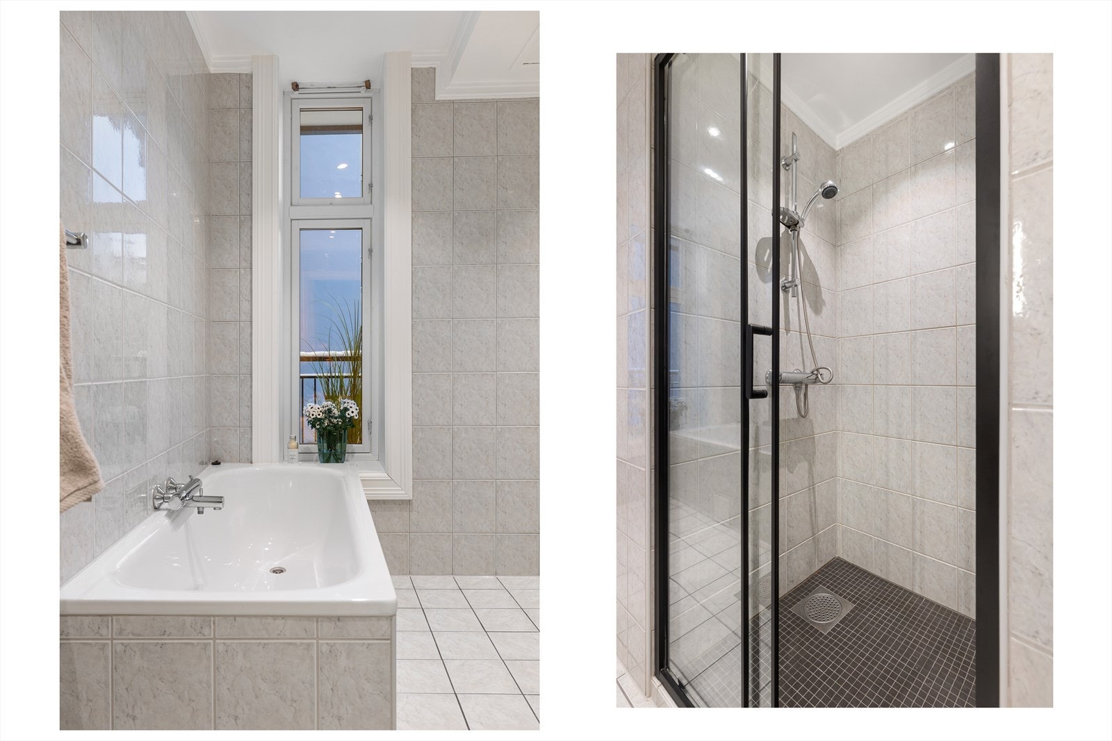 Badet har overflater med fliser, gulvvarme og downlights i himling. Galleribilde