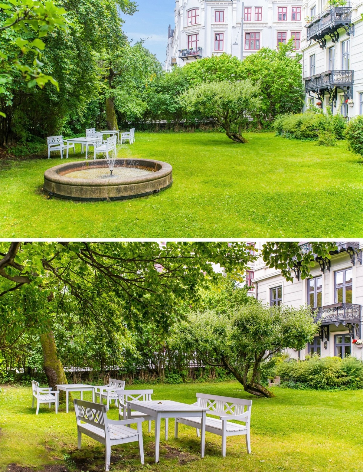 Den vakre bakgården med frodige grøntområder, fontene og felles utemøbler. Galleribilde
