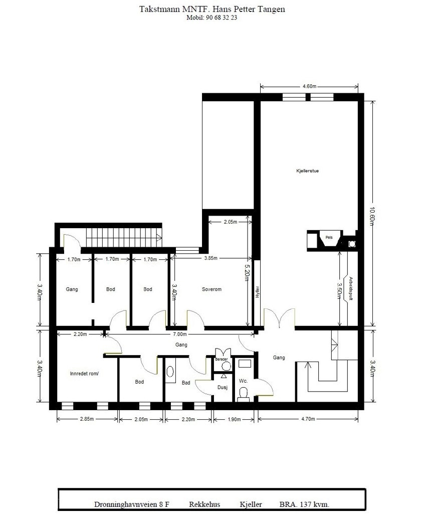 Planskisse over underetasjen. Rommet markert som Innredet rom benyttes i dag som soverom/gjesterom. Galleribilde