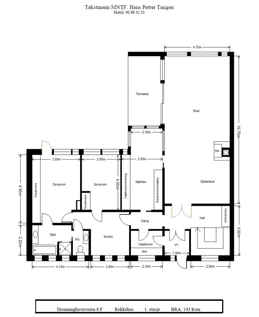 Planskisse over hovedetasjen. Det ene soverommet benyttes i dag som kontor. Rommet markert som kontor, kan også benyttes som TV-stue. Galleribilde