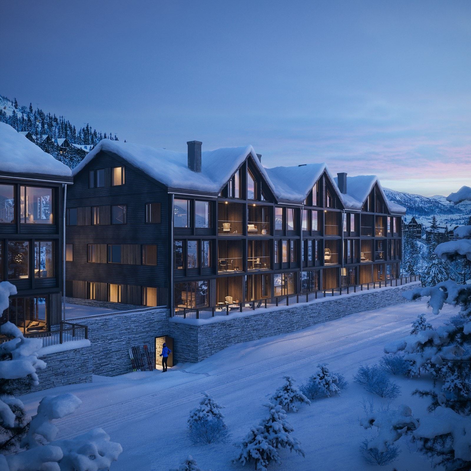 Illustrasjon av fasade med langrennsløypa rett foran Galleribilde