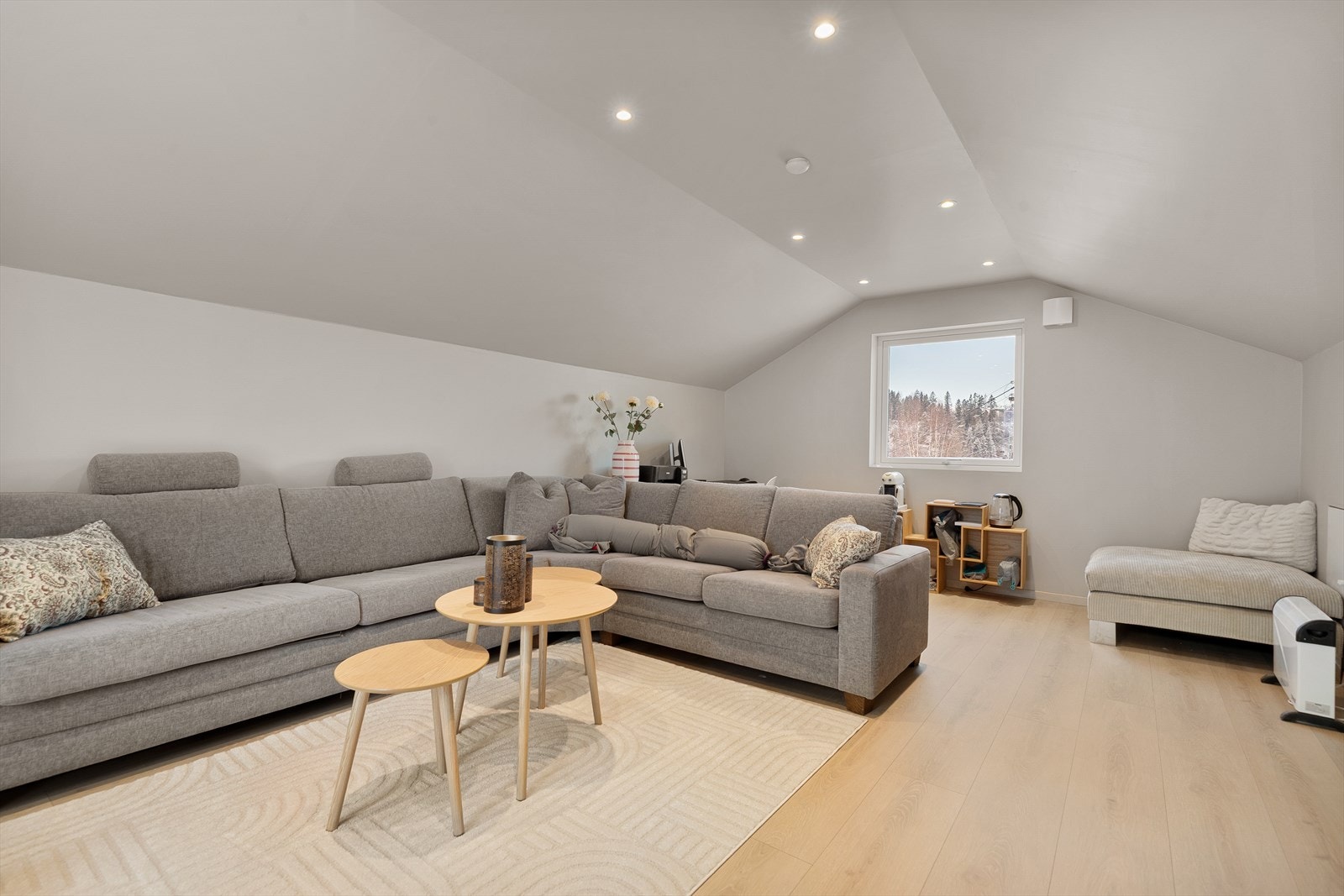 Innbydende og romslig stue i 2. etasje over garasjen, med vegghengt TV og god takhøyde. Galleribilde