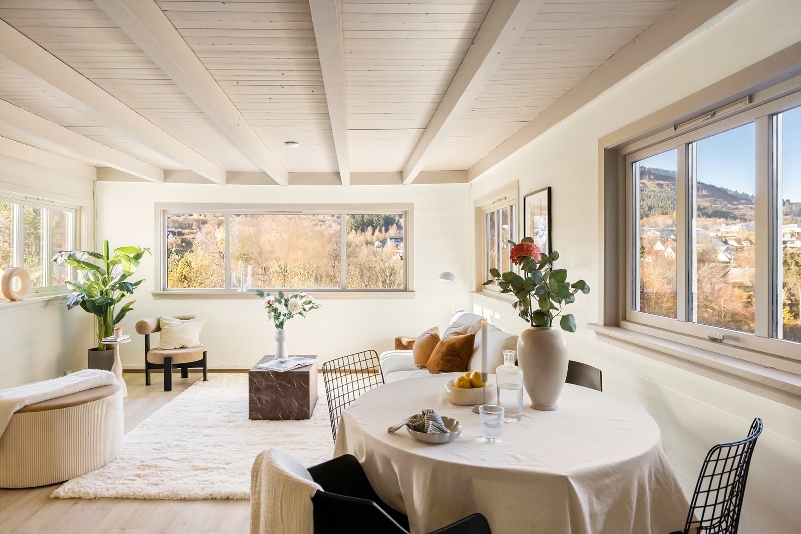 Planløsningen i stuen rommer uten problem både sofa/tv-gruppe, spisegruppe, og en dedikert lesekrok. Galleribilde