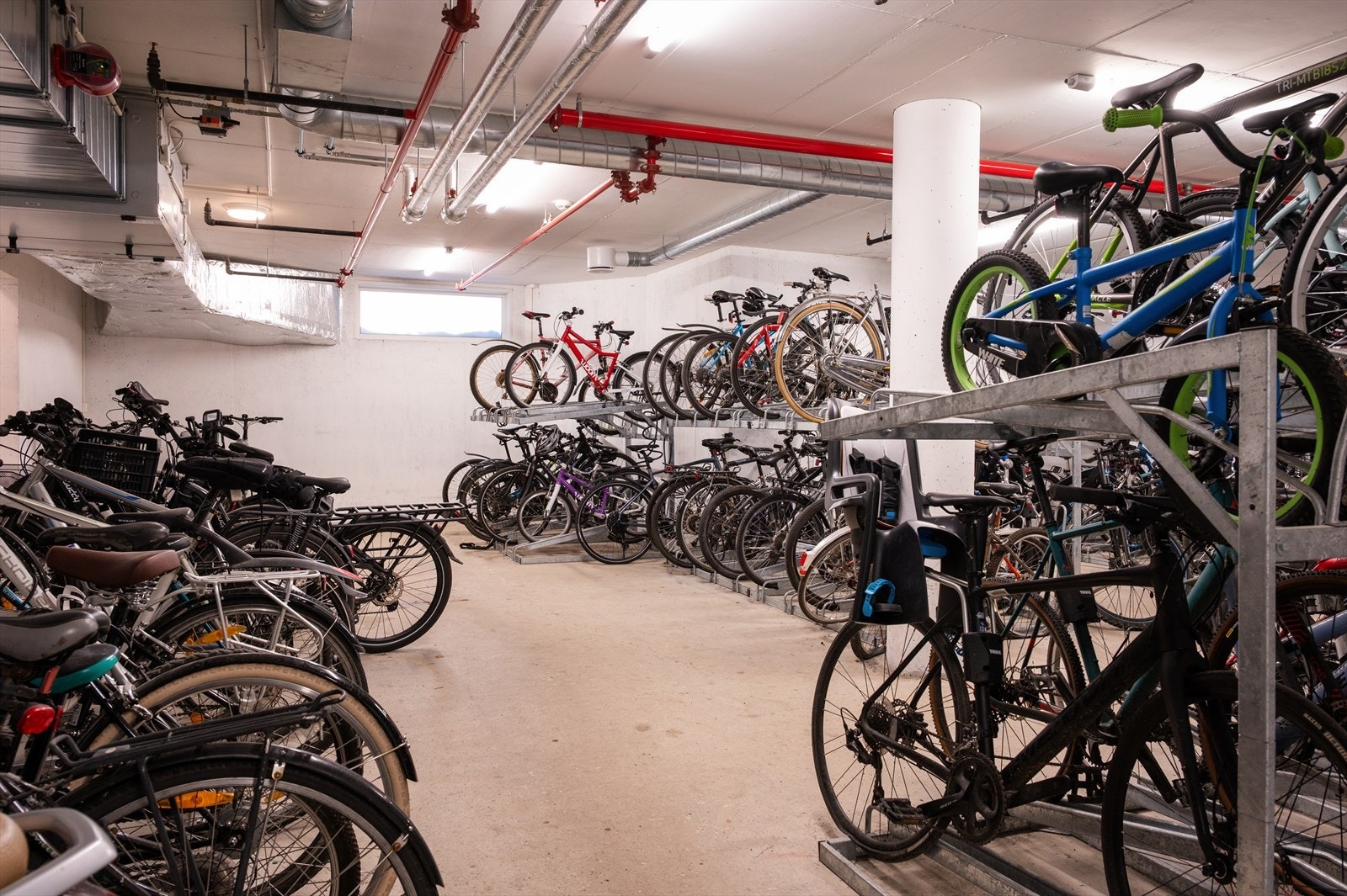 Praktisk med felles sykkelparkering innendørs. Galleribilde