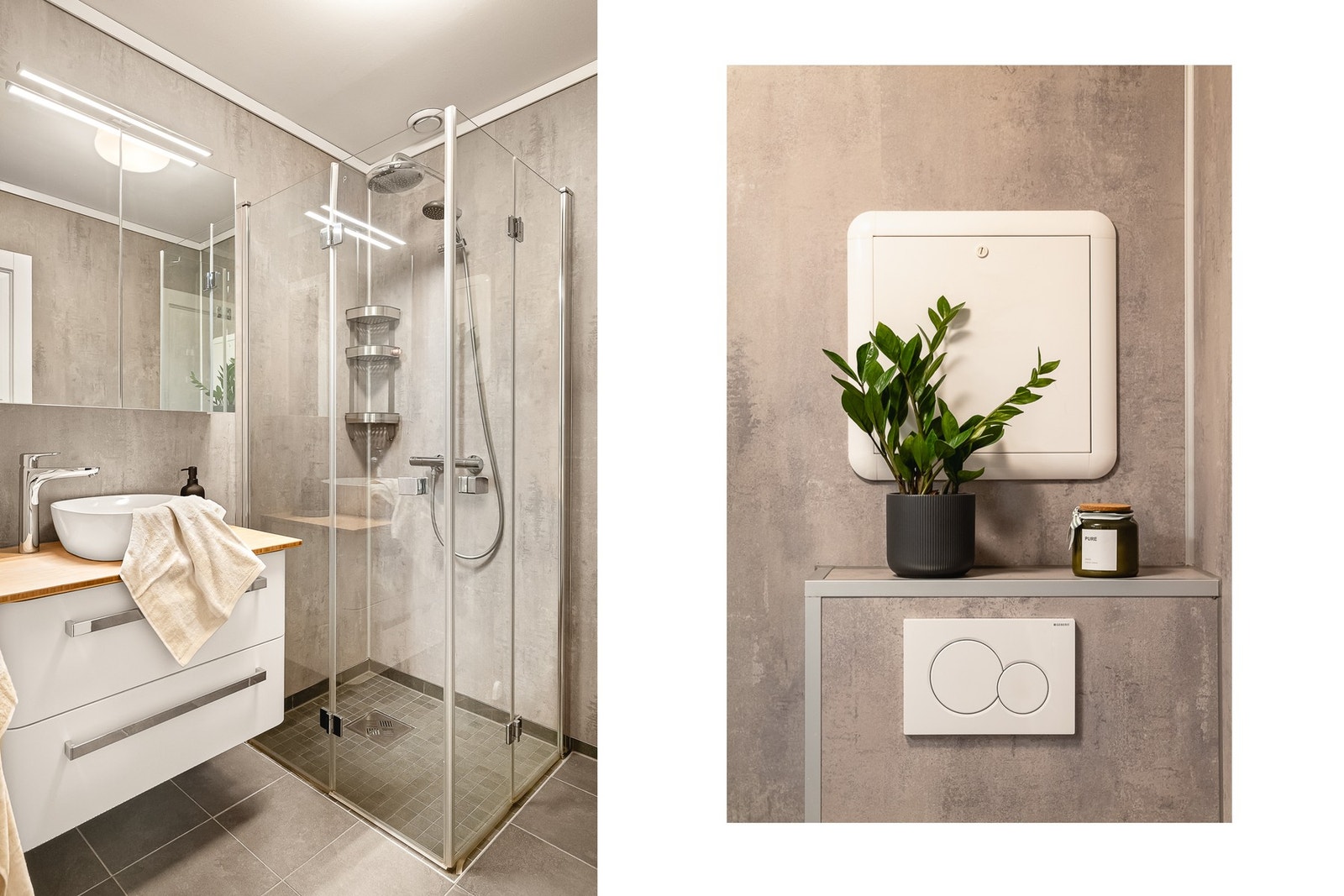 - Badet er er utstyrt med flislagt gulv med varmekabler, vegghengt toalett, baderomsmøbel og dusjløsning med glassdører - Galleribilde