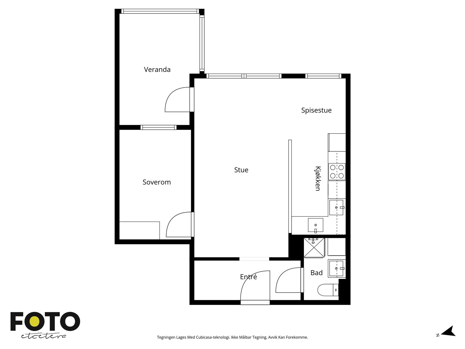 Plantegningen viser en arealeffektiv leilighet med en god og gjennomtenkt romfordeling. Galleribilde
