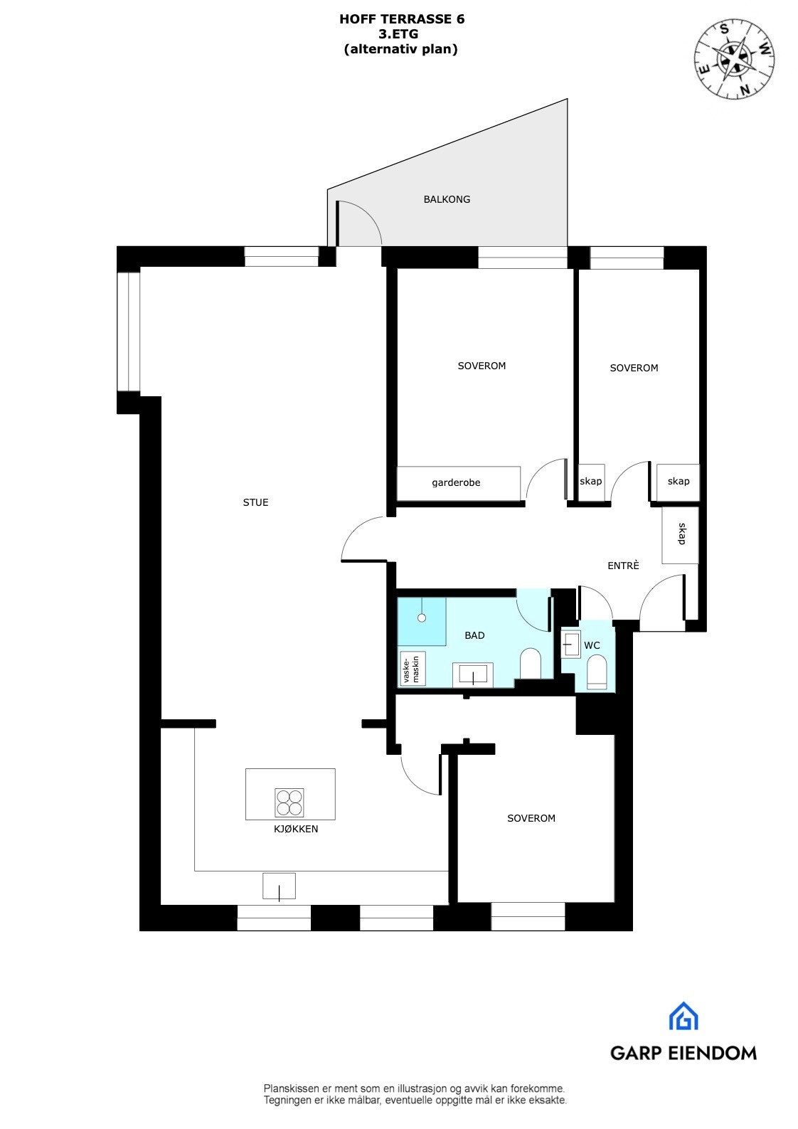 Alternativ plantegning med antatt mulighet for tre soverom. Megler har ikke undersøkt hvorvidt løsningen lar seg gjennomføre Galleribilde