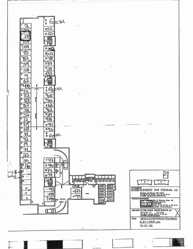 Oversikt over garasjeplan. Seksjonsnummer 28 har enerett til parkeringsplass 03 merkert ut. Galleribilde