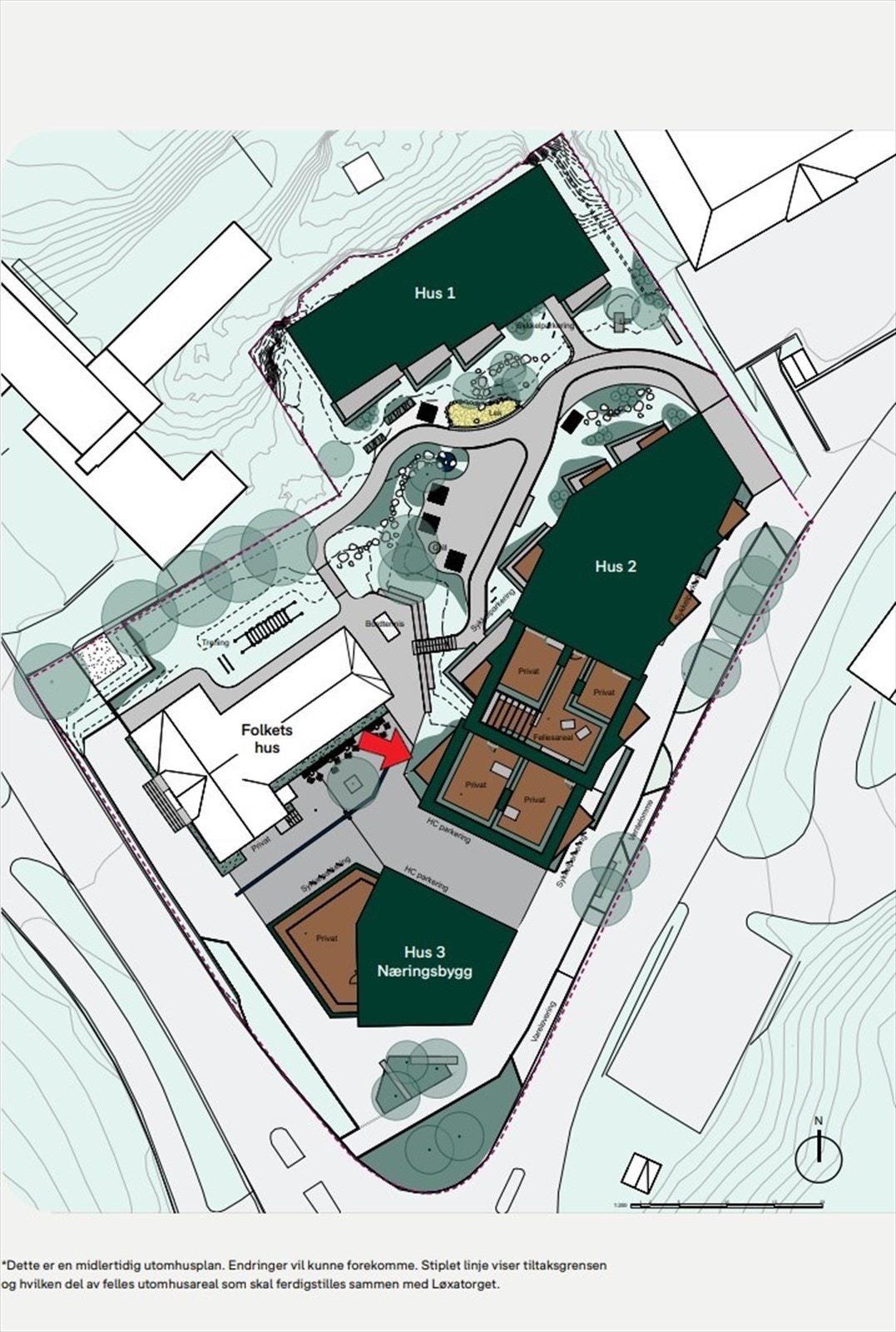 Midlertidig utomhusplan | Endringer vil kunne forekomme. Stiplet linje viser tiltaksgrensen og hvilken del av felles utomhusareal som skal ferdigstilles sammen med Løxatorget. Galleribilde