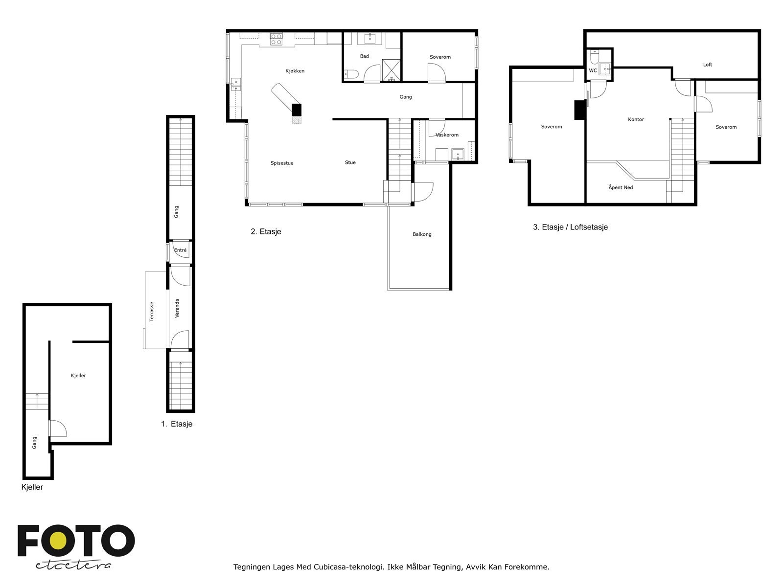 Leiligheten har adkomst fra 1. etasje og boligen strekker seg over 2. etasje og loftetasjen. Kjellerbod tilkommer. Veiledende planskisse alle etasje. Ikke målbar. Galleribilde
