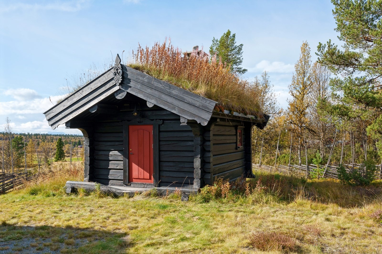 På tunet er det et koselig anneks i stabburstil med torvtak og liten terrasse i front. Galleribilde