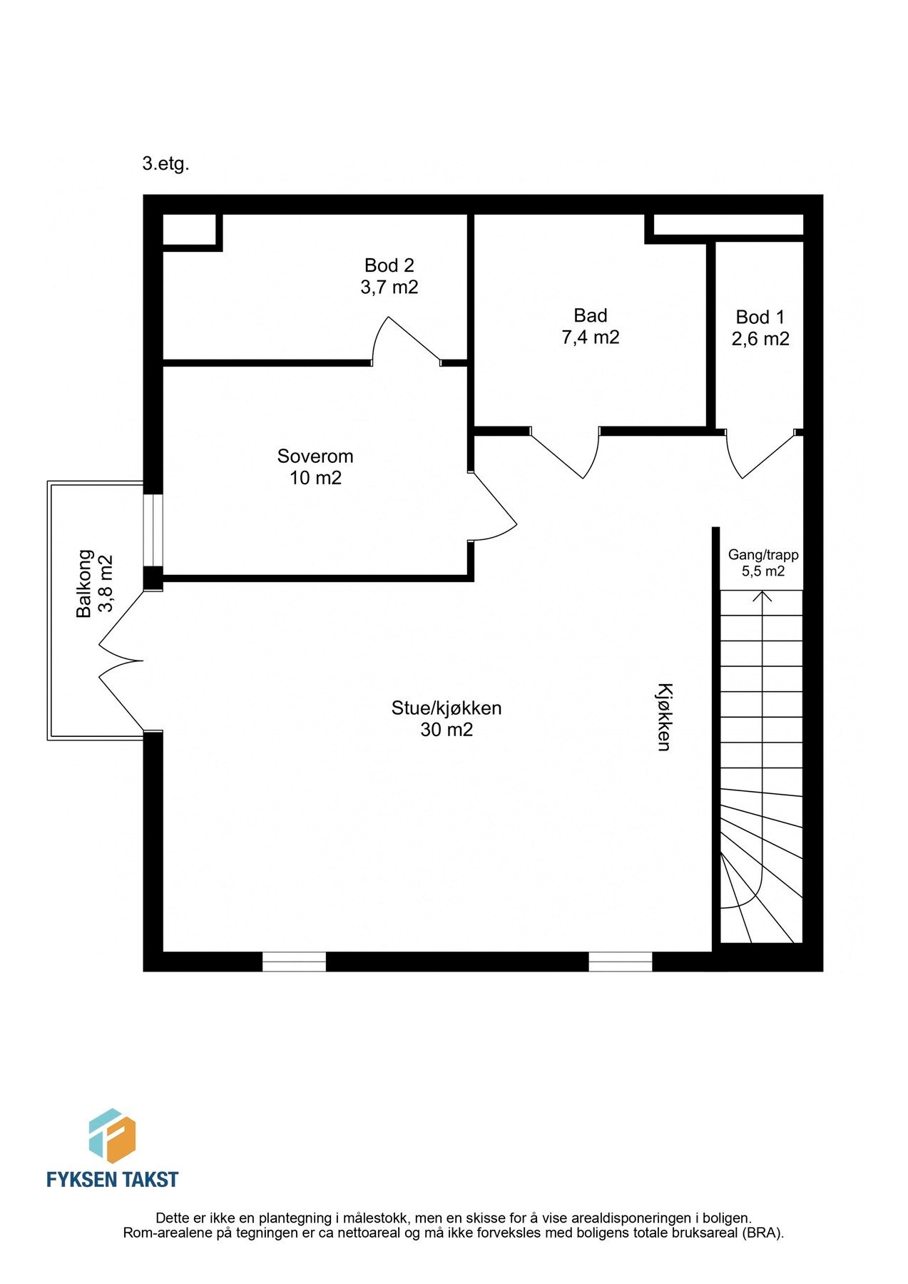 Planskisse av boligens hovedplan. Trapp fører ned til en privat inngang - altså har man et tilhørende privat inngangsparti i 2. etasje. Galleribilde
