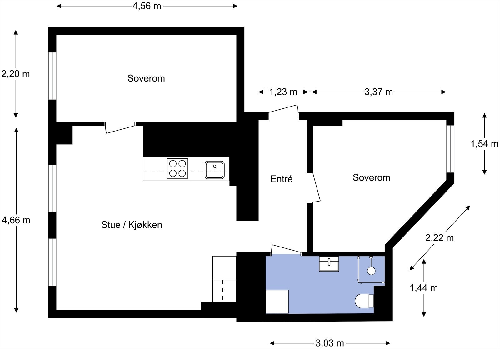 Leiligheten ligger i 1. etasje og inneholder entré, bad, 2 soverom og stue/kjøkken. I tillegg disponerer leiligheten en kjellerbod. Galleribilde