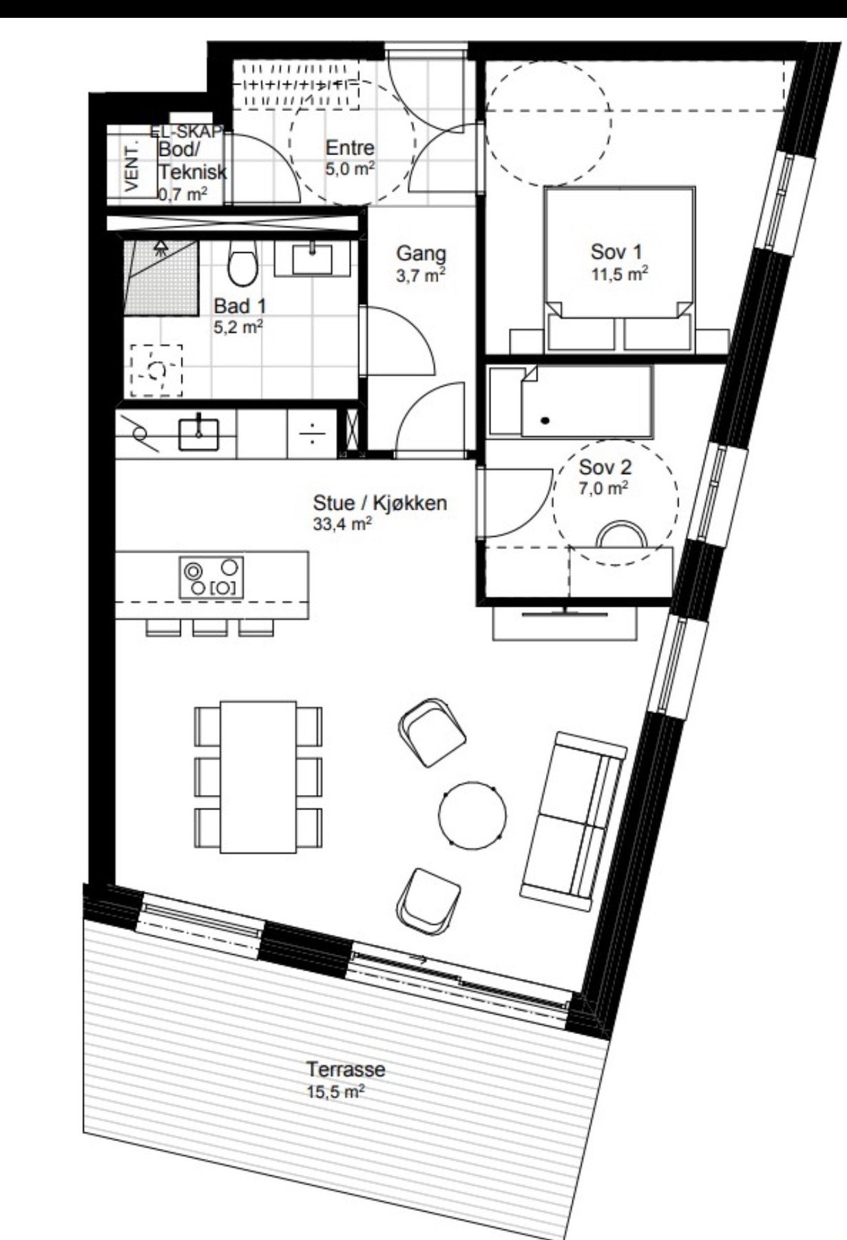 Arealeffektiv og smart planløsning. Leiligheten oppleves større enn sitt areal. Galleribilde
