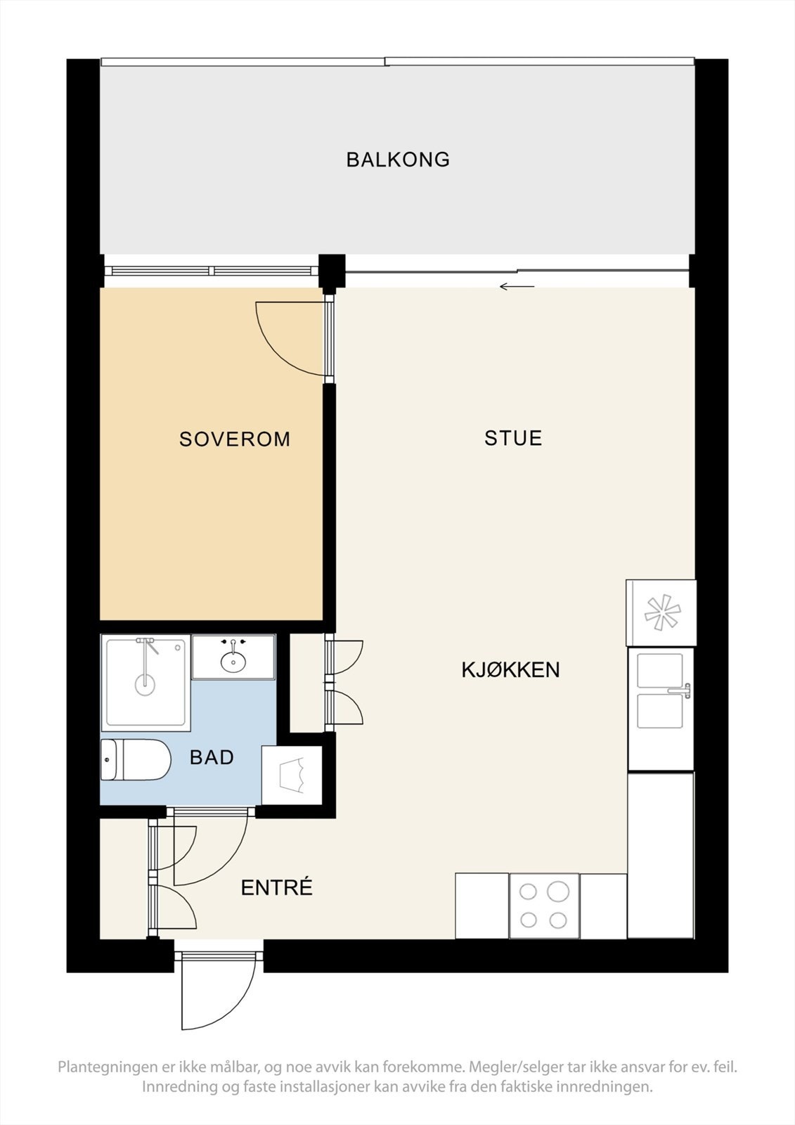Alternativ plantegning med innredning av soverom og etablering av kjøkken i stue Galleribilde