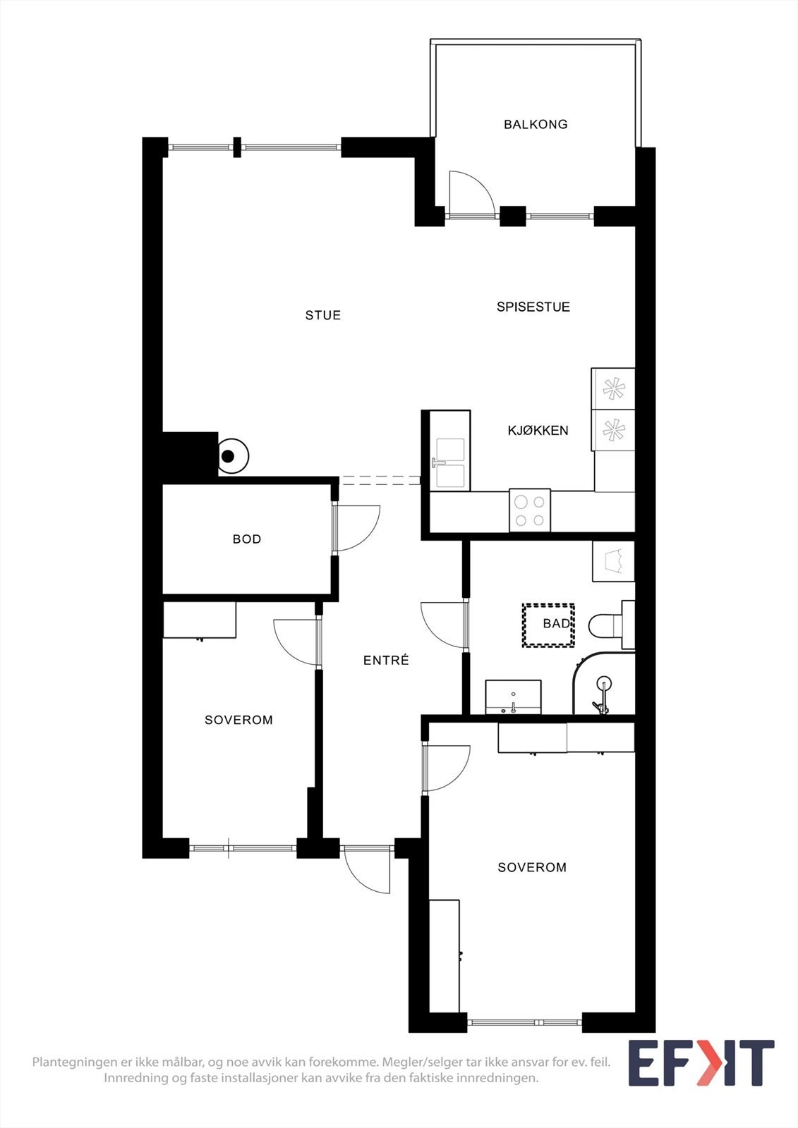 Plantegningen viser en arealeffektiv leilighet på 74 m² med to soverom og åpen stue/kjøkken-løsning. Galleribilde