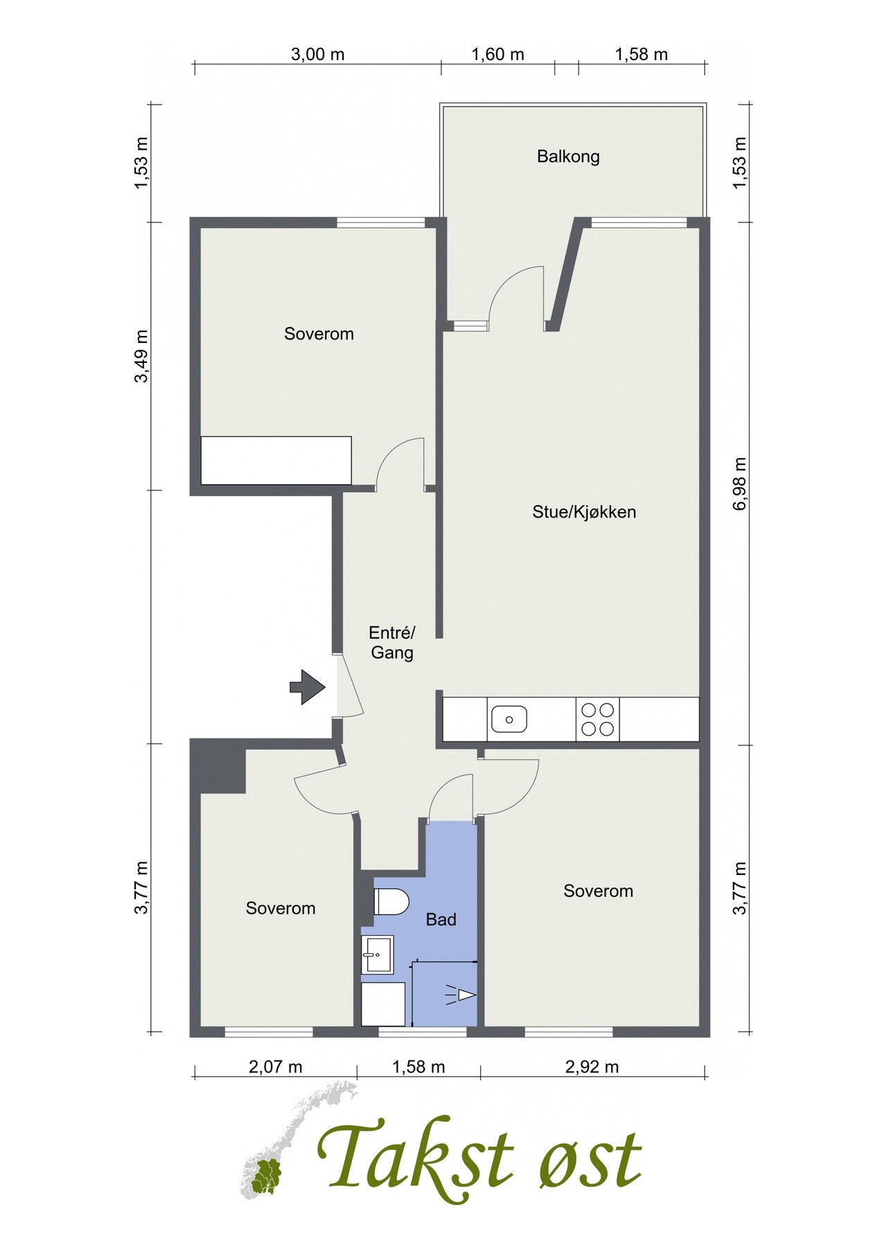 Plantegning. I tillegg disponerer leiligheten to eksterne boder. Sameiet har parkeringsplasser til leie. Galleribilde