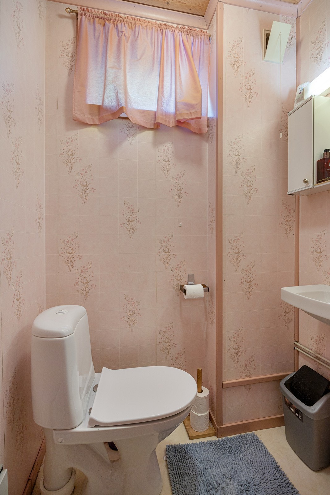 Tilknyttet entreen ligger dette praktiske gjestetoalettet. Utenom toalettet er det en enkel servant, et lite veggskap og et speil med lys. Galleribilde