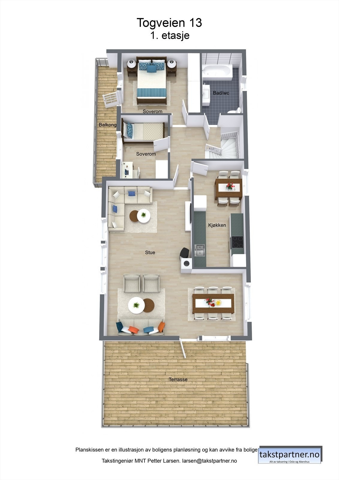 Hovedetasjen rommer bl.a. en lys og trivelig vinkelstue samt et praktisk kjøkken. Det er utgang til terrasse og balkong fra etasjen. Galleribilde