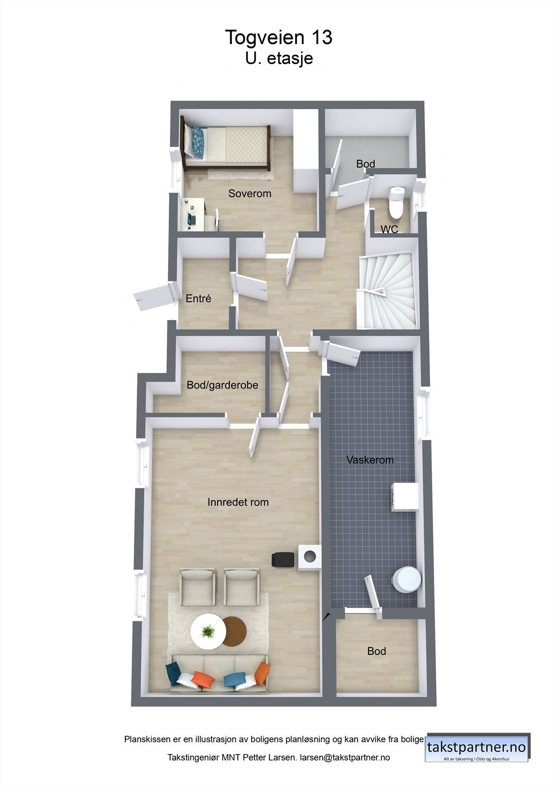 Planløsningen går over to plan, og det er våtrom og soverom i begge etasjer. Galleribilde