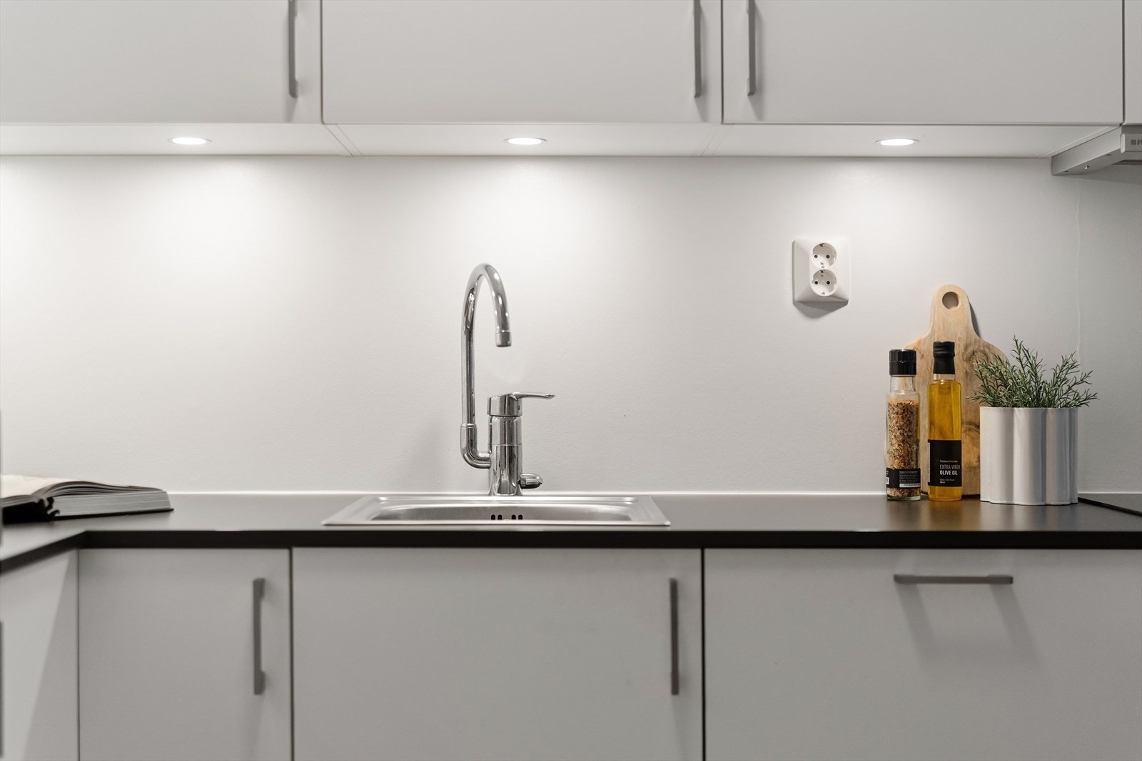 Integrert induksjonstopp, stekeovn, oppvaskmaskin og kjøl/frys. Belysning under overskap. Galleribilde