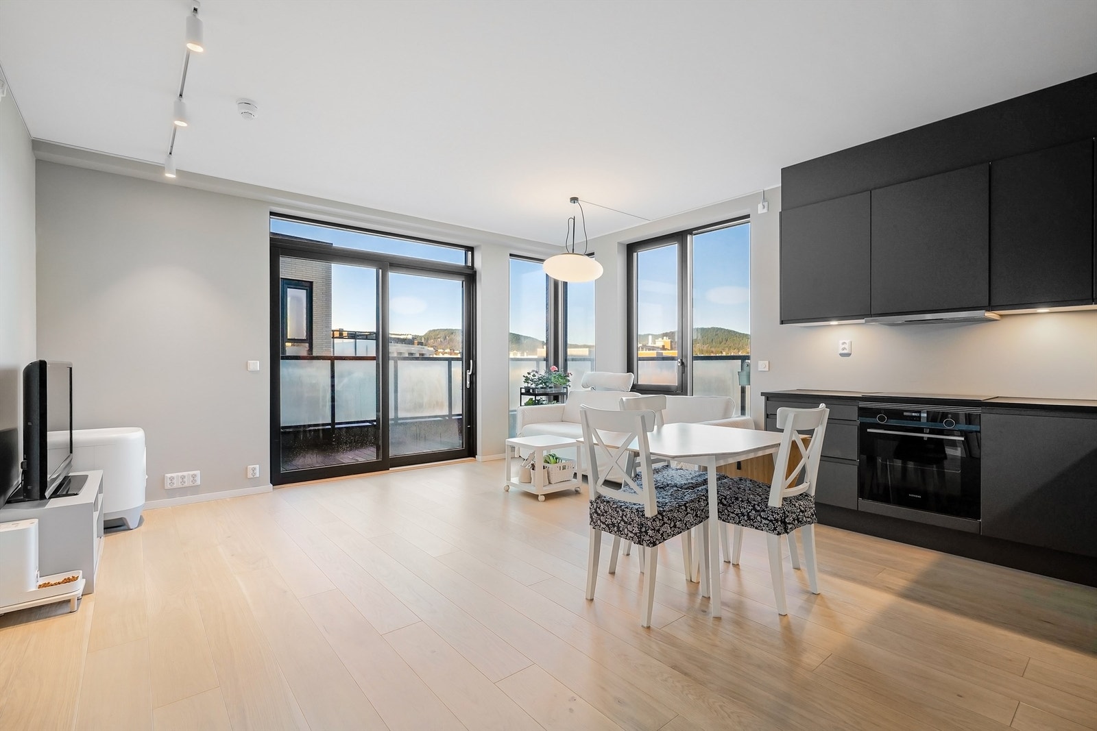 Skyvedøren i tre med 2-lags glass gir enkel adkomst til den store balkongen. Galleribilde