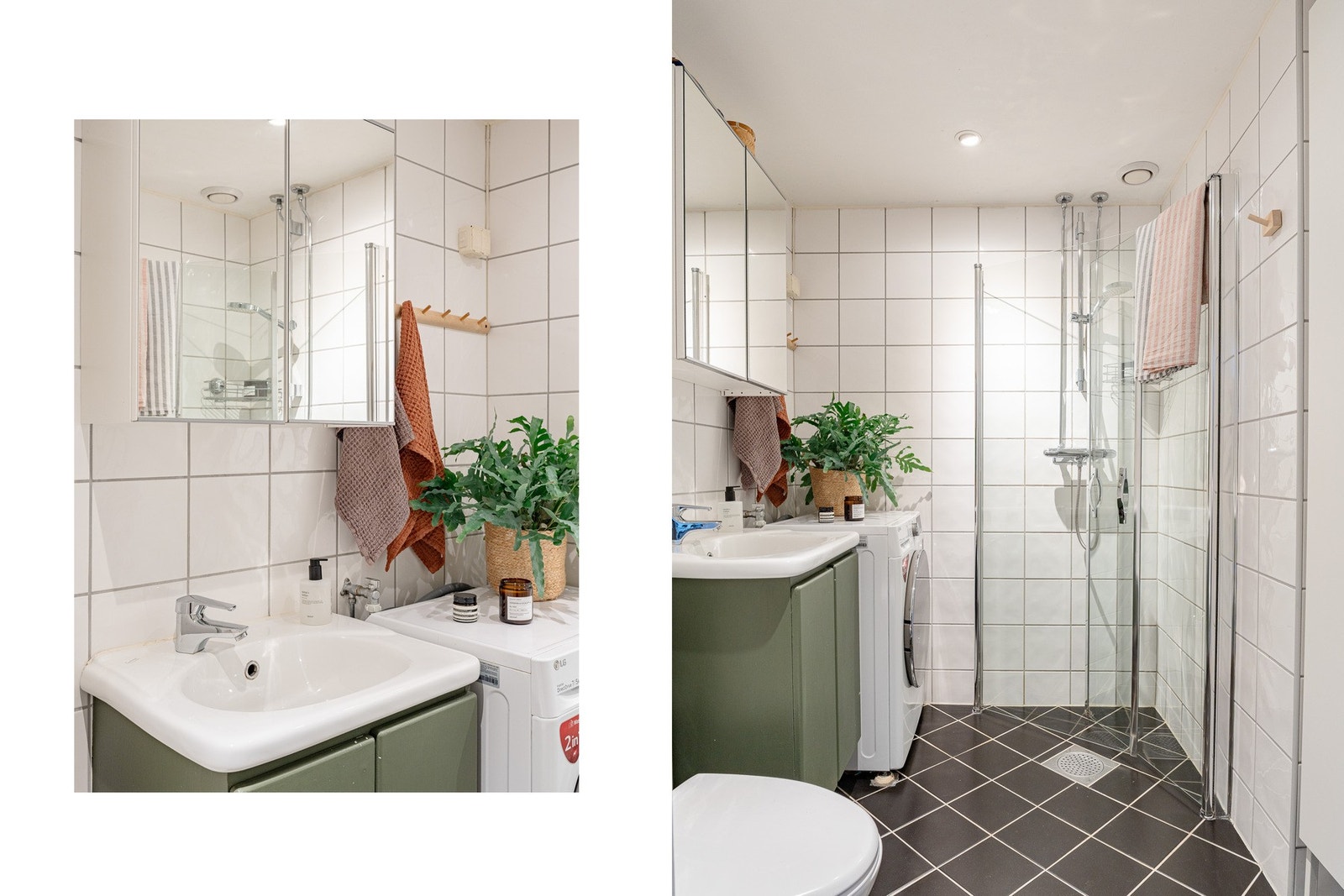 Badet ble rehabilitert i regi av borettslaget. Her har du servantskap med speilskap, nytt høyskap, toalett og dusjhjørne. Opplegg for vaskemaskin. Galleribilde