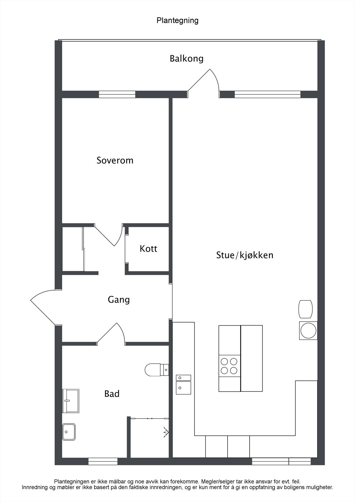 Plantegningen viser en arealeffektiv leilighet på 65 m² med god rominndeling. Galleribilde