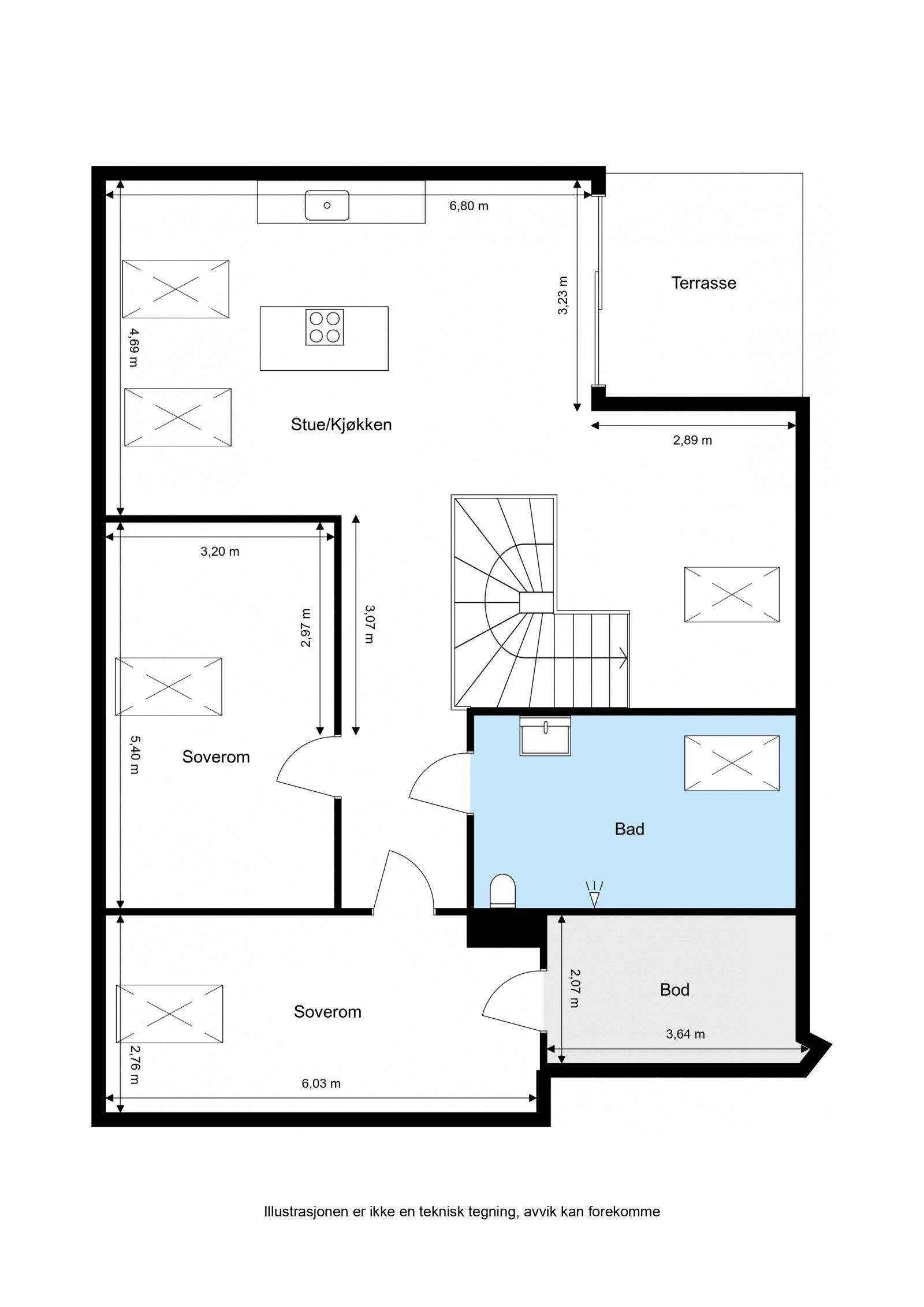 Plantegning. Leiligheten disponerer også en loftsbod ca. 4 kvm Galleribilde