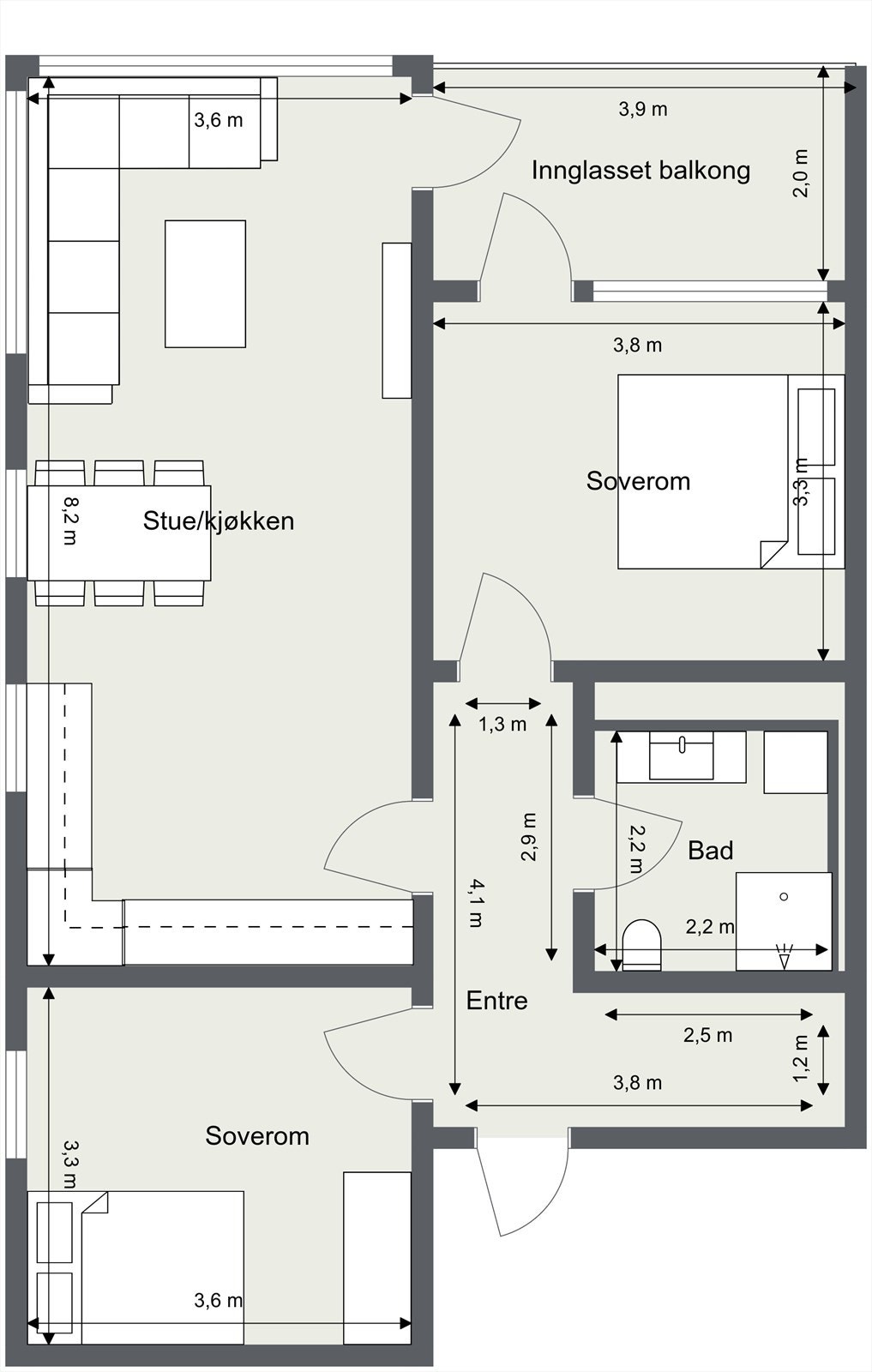 Leiligheten har en arealeffektiv planløsning på 76 m² med to soverom og åpen stue-kjøkkenløsning. Galleribilde