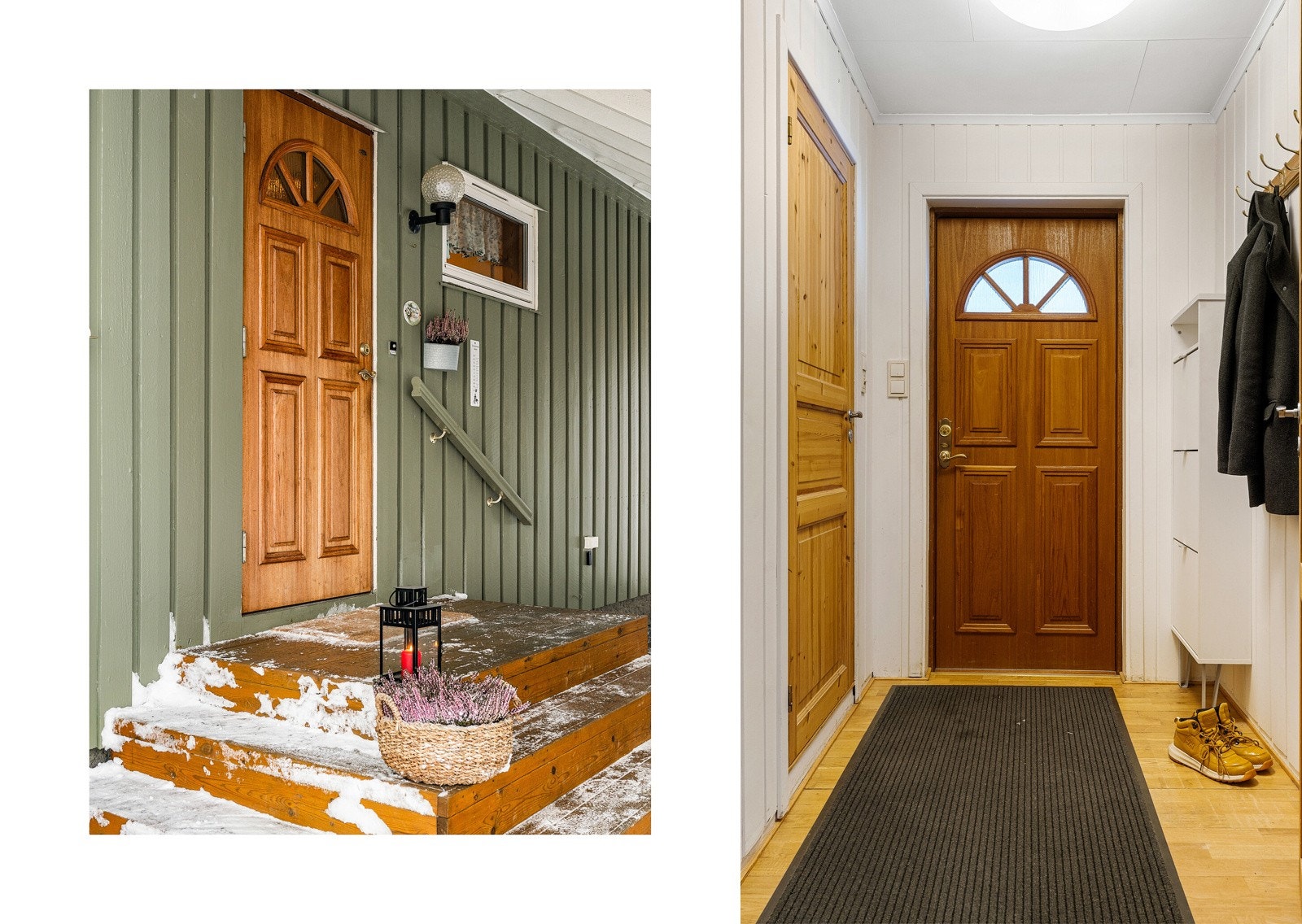 Via overbygget inngangsparti og ytterdør, kommer man inn i entréen med plass til sko- og yttertøy. Vi fortsetter inn i stua! Galleribilde