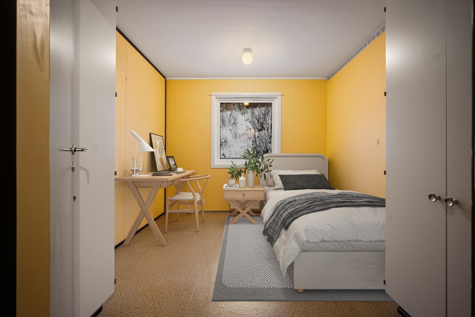 Leiligheten har totalt tre soverom, her med digital møbelering Galleribilde