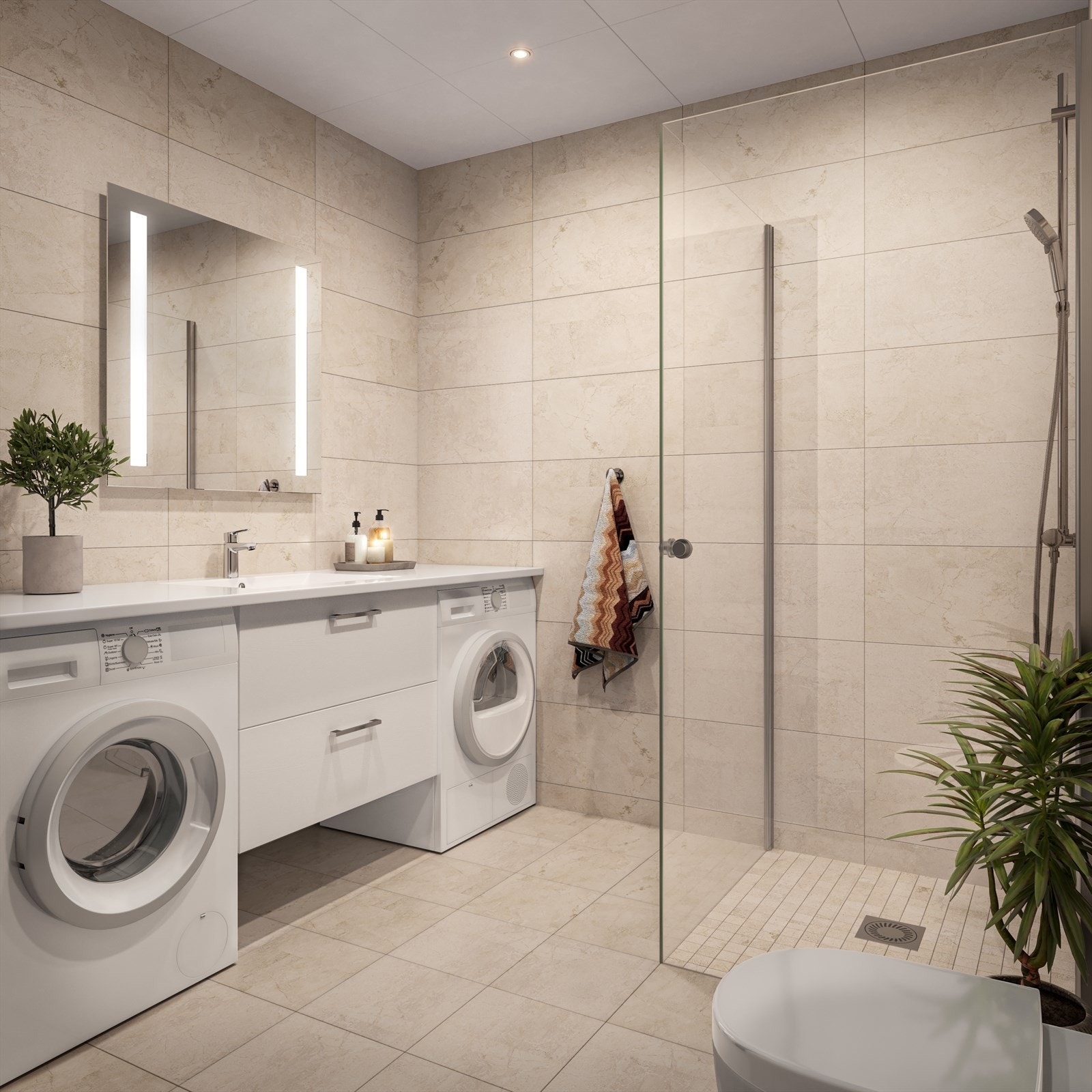 Bad med praktisk plassering av vask / tørk under benkeplaten. Galleribilde