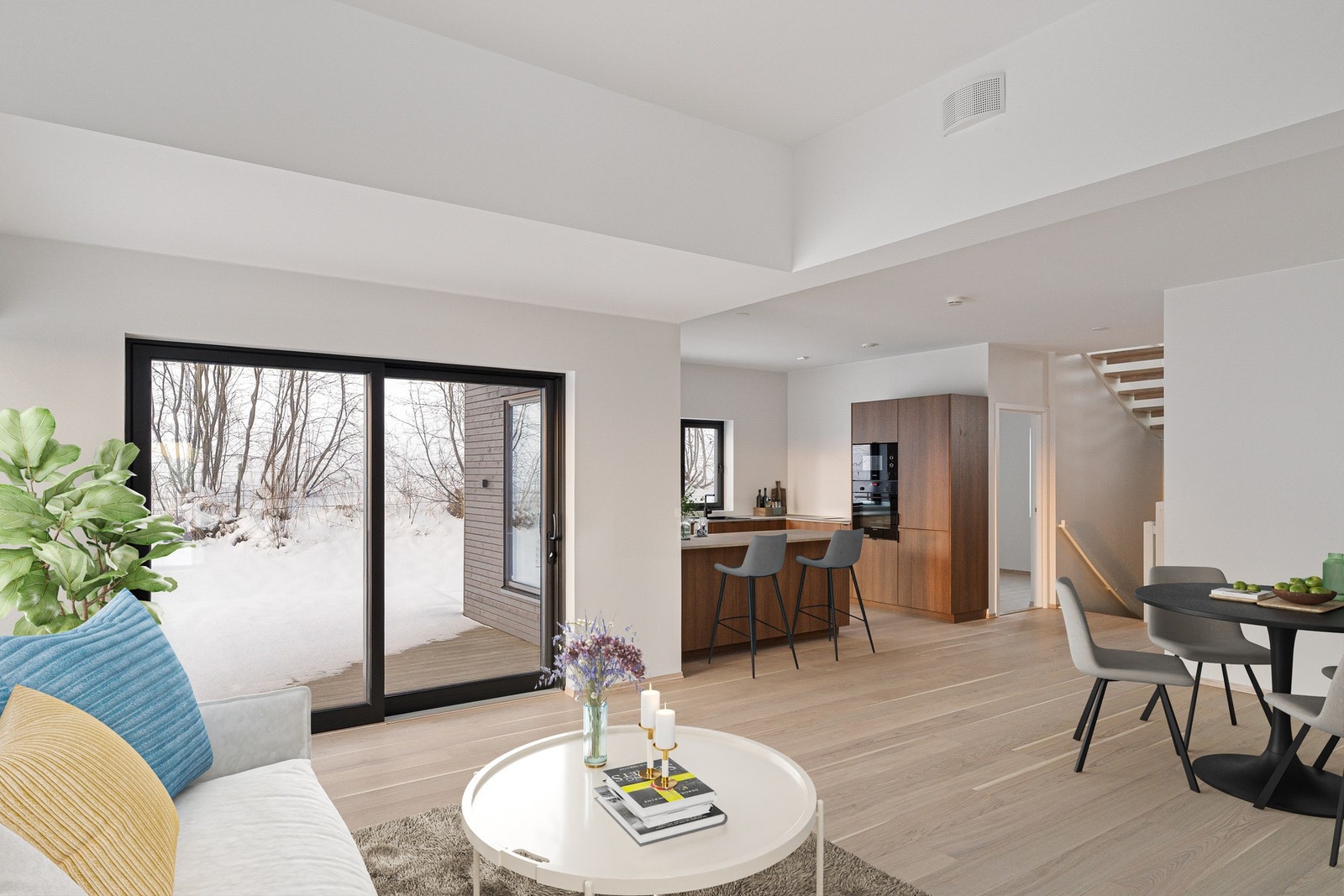 Stue/kjøkken utgjør totalt 48 kvm. med god takhøyde og luftig romfølelse. Virtuelt møblert. Galleribilde