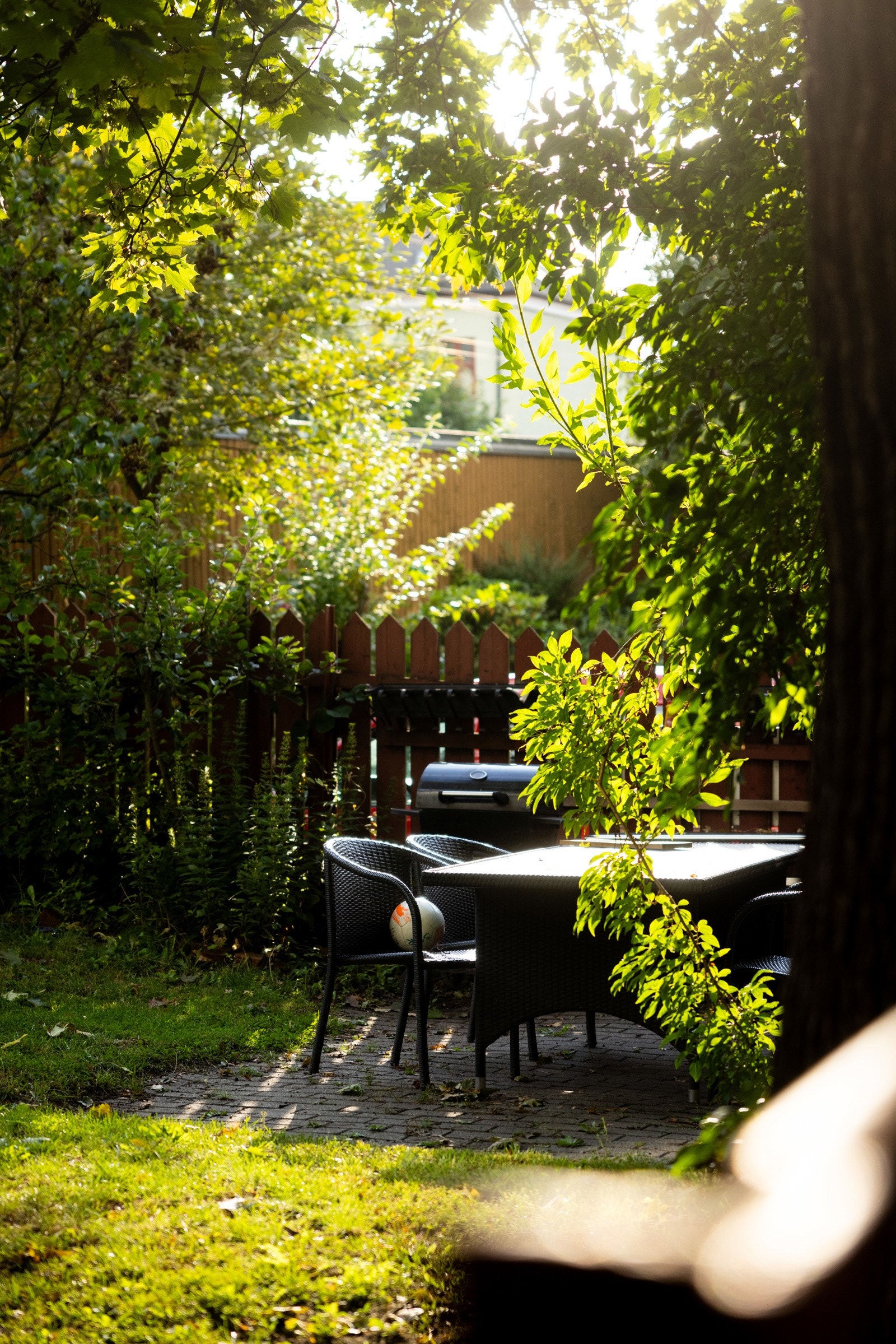 Pent opparbeidet felleshage, med gressplen, prydbusker, sittegrupper, lekeapparater og diverse beplantning. Galleribilde