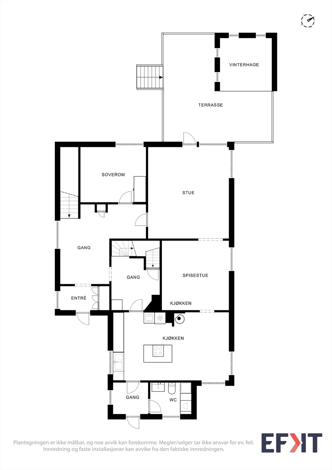 Plantegningen for første etasje viser en romslig planløsning med flere sosiale soner. Galleribilde