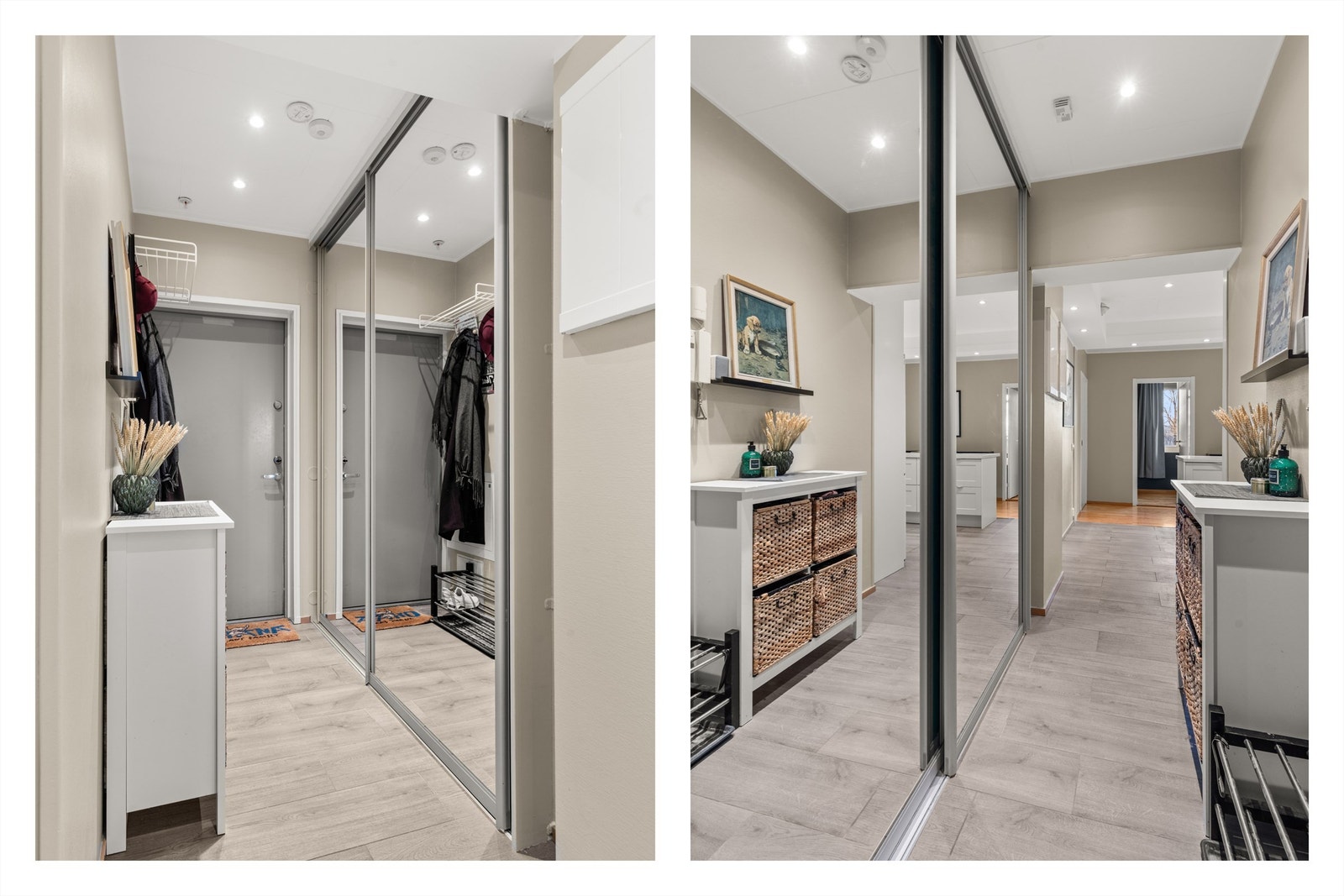 Velkommen inn! Entréen er lys og innbydende og har rikelig med oppbevaringsplass i skyvedørsgarderobe med speilfronter. Galleribilde