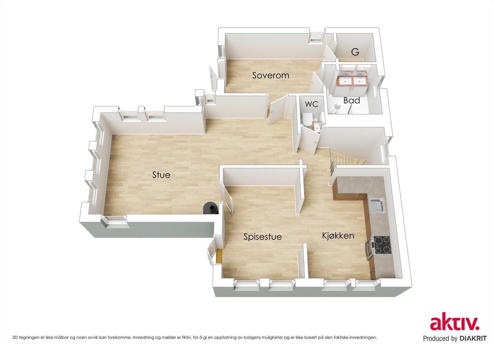 3D Plantegning 1.etasje Galleribilde