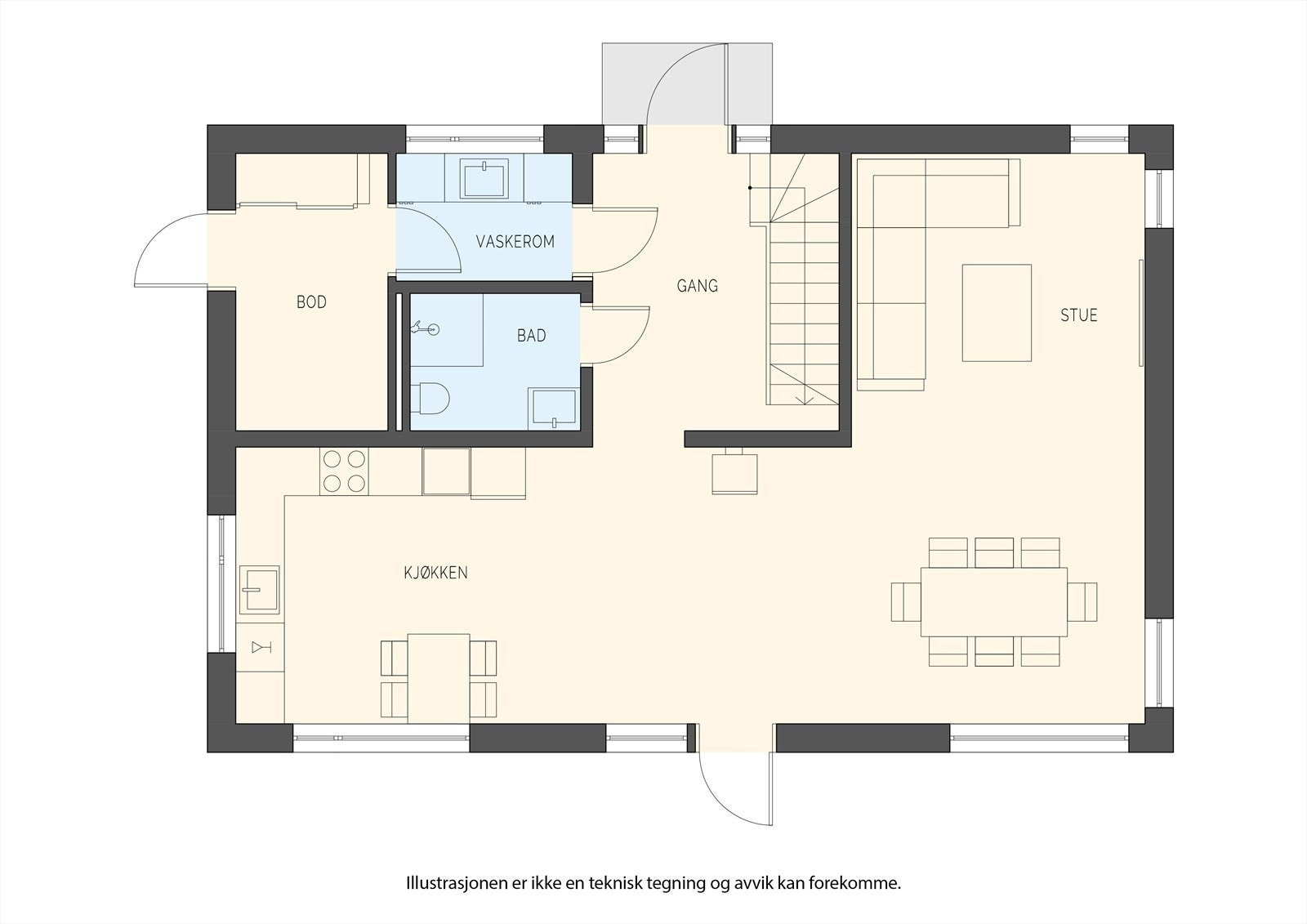 Første etasje har en åpen og sosial planløsning med stue, kjøkken, bad, vaskerom og bod. Galleribilde