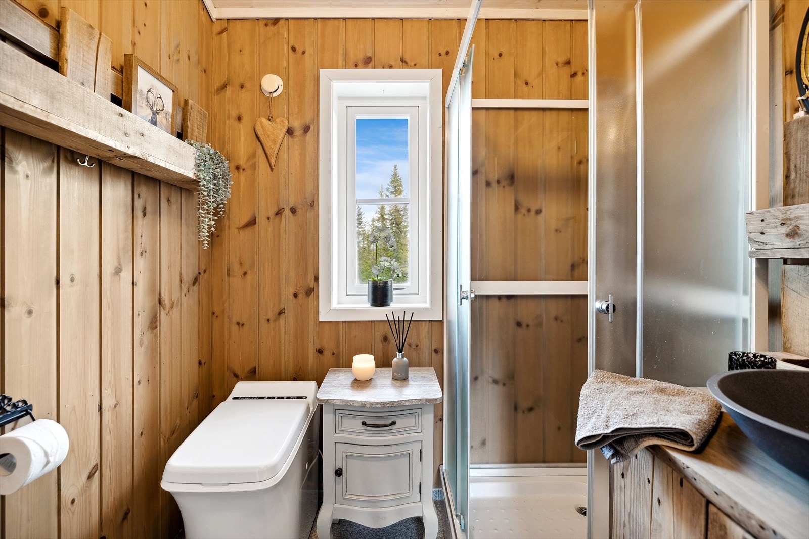 Sanitærrommet er enkelt innredet og utstyrt med forbrenningstoalett, dusjkabinett og en praktisk innredning med håndvask. Galleribilde