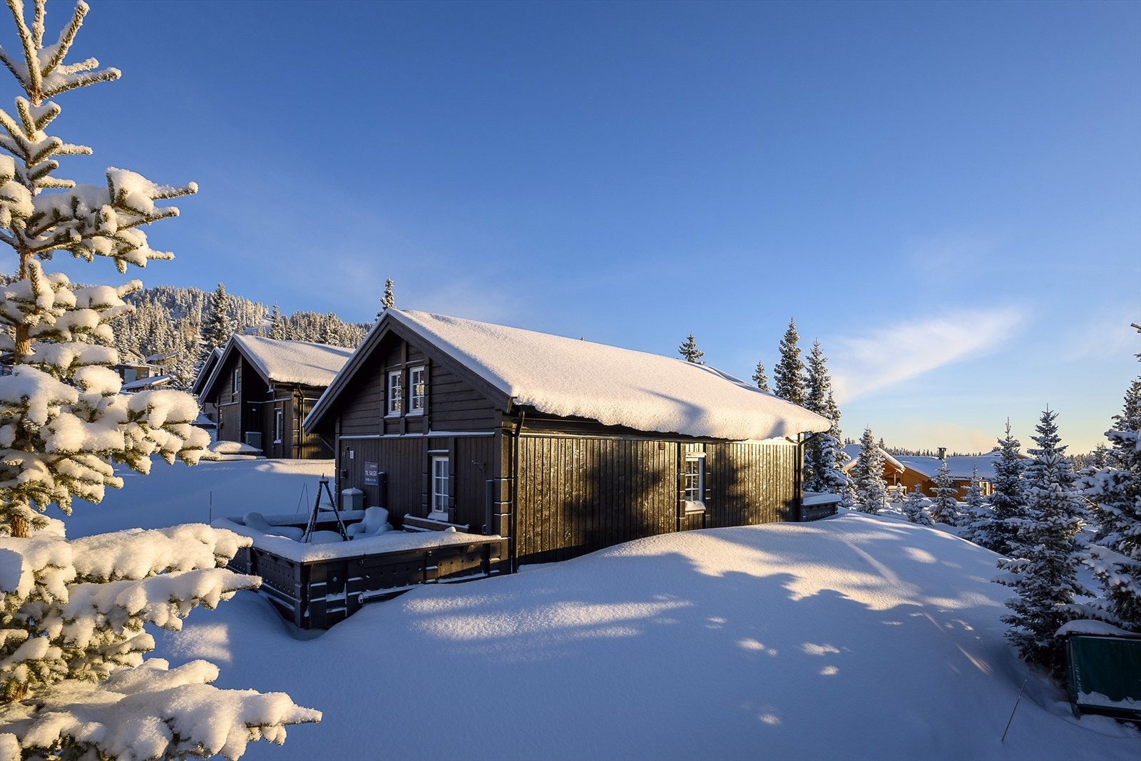 Hytta har meget god intern plassering i feltet og grenser ut mot friarealer. Det er en hyggelig terrasse med utgang fra stue der du kan nyte sola i fred og ro uten direkte innsyn. Galleribilde