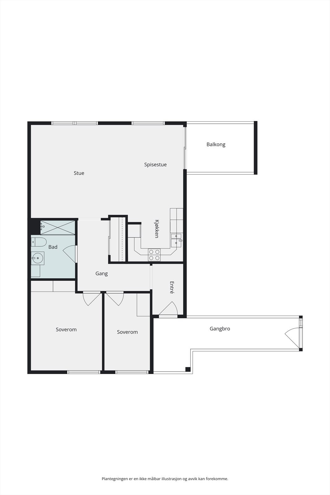 Praktisk planløsning med 2 soverom og skjermet balkong. Galleribilde