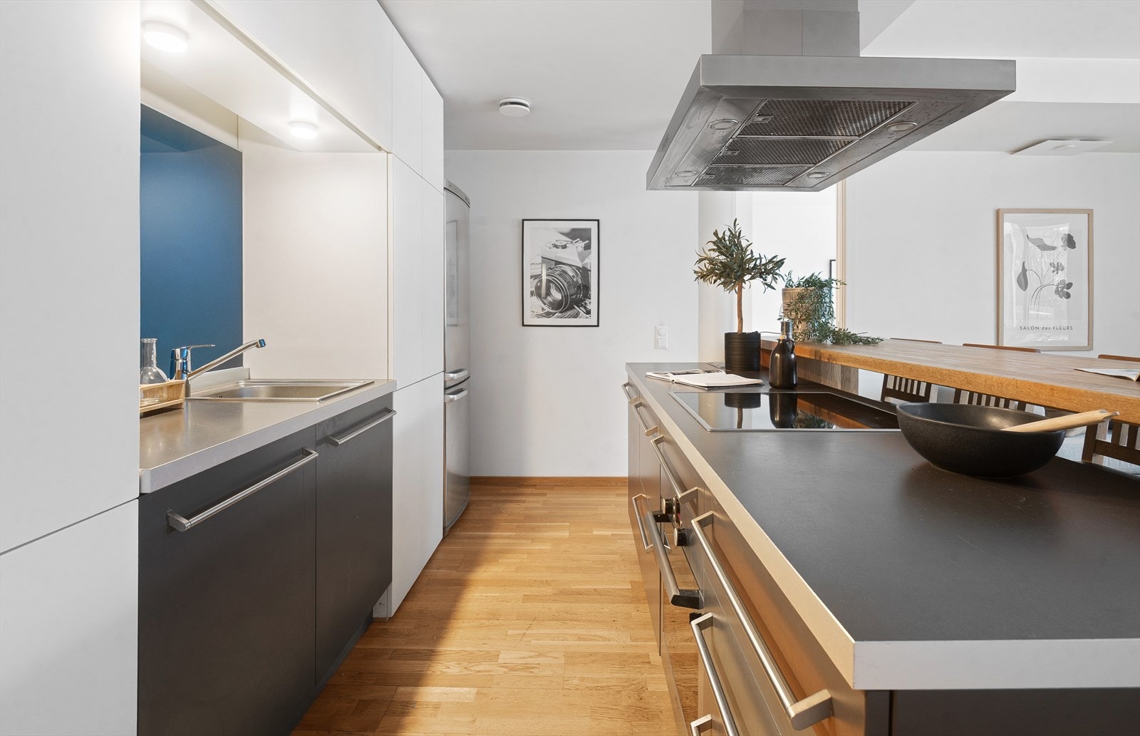 Kjøkkenet er utstyrt med integrert stekeovn, platetopp og ventilator i stål. Galleribilde