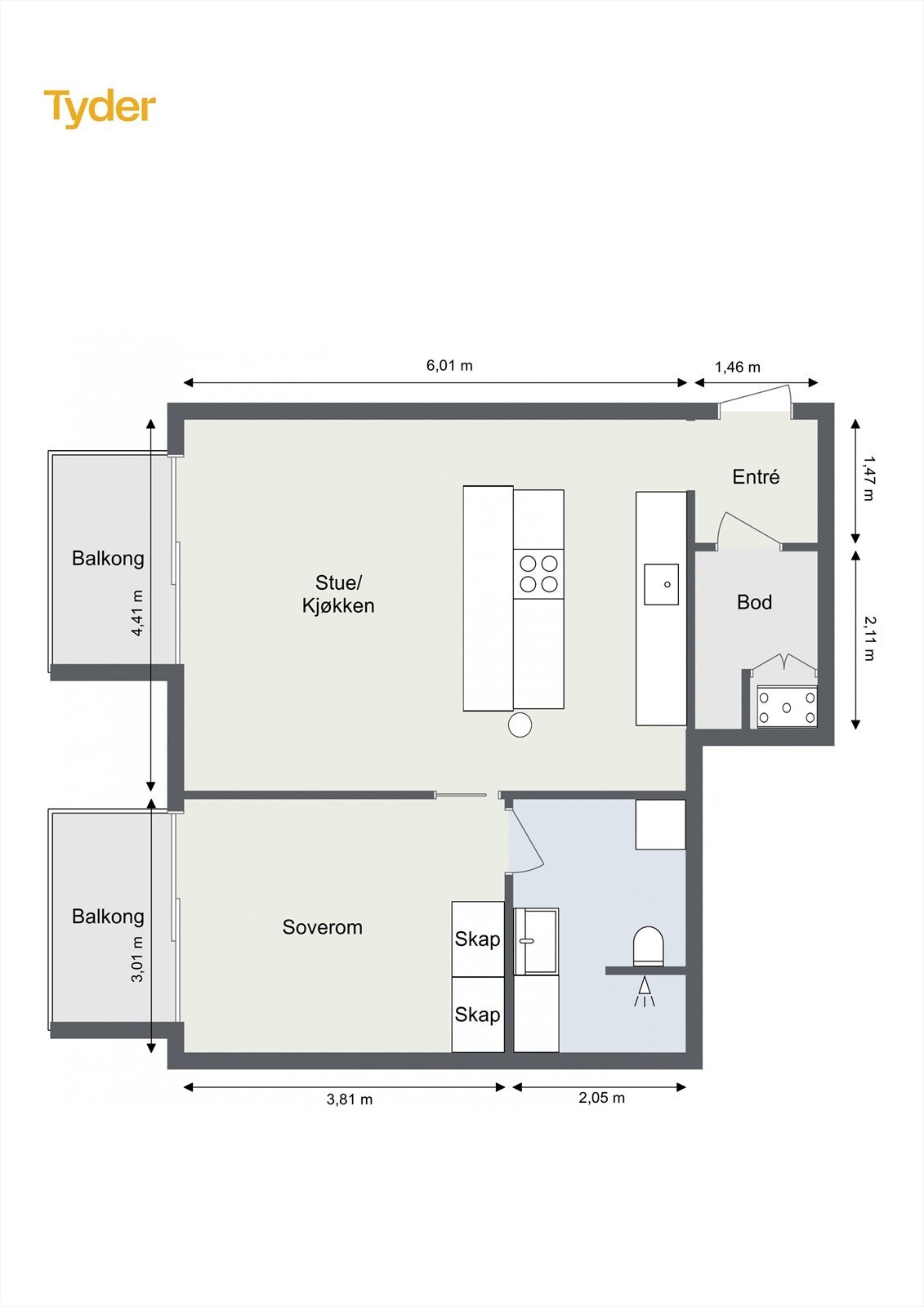 Plantegningen viser en arealeffektiv leilighet med to balkonger og god rominndeling. Galleribilde