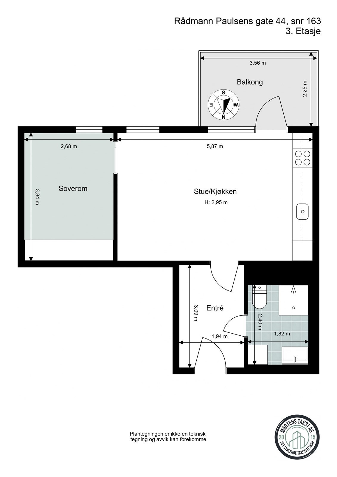 Målsatt planskisse - Rådmann Paulsens gate 44 - 3. etasje Galleribilde