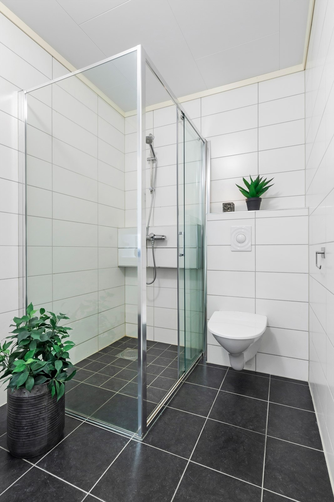 Tidløst bad med dusjhjørne, avgrenset med dusjnisje Galleribilde