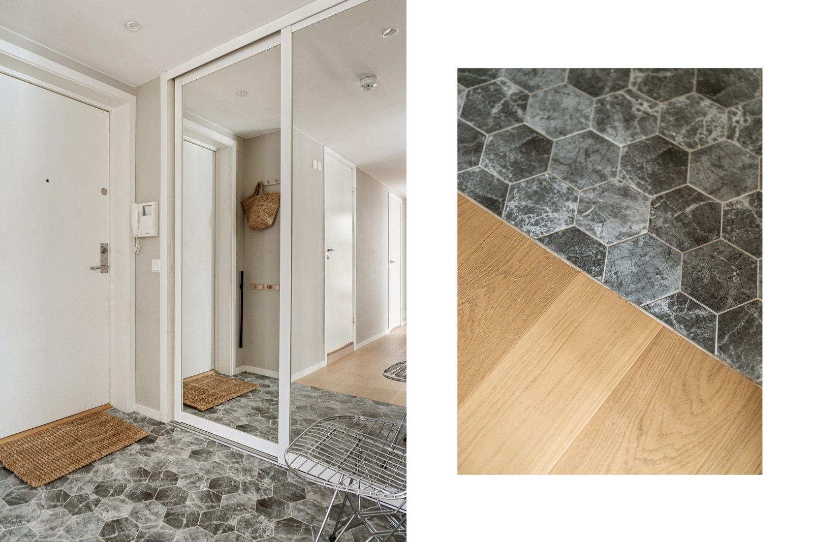 Innbydende entré med flislagt gulv og elektriske varmekabler som gir en behagelig velkomst året rundt. Dørcalling gjør det enkelt å ta imot gjester. Galleribilde