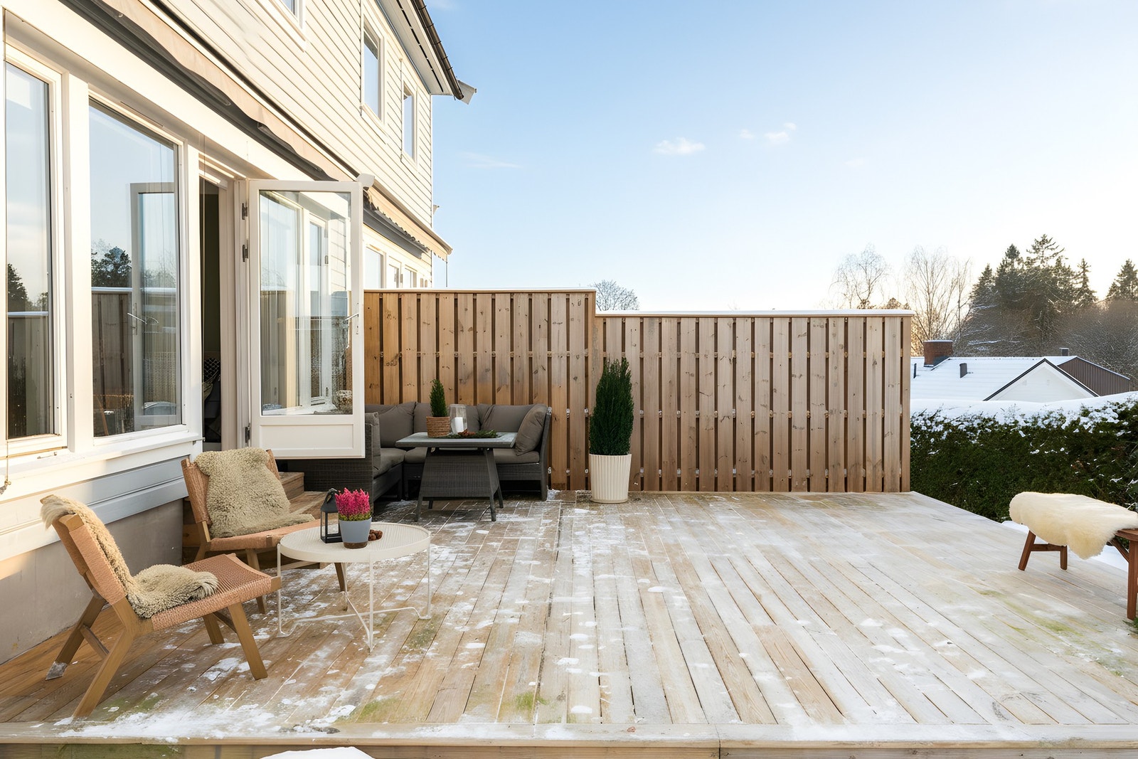 Boligen har en fantastisk uteplass med terrasse på 32 kvm. Hagen utenfor er en del av sameiets fellesområder. Galleribilde